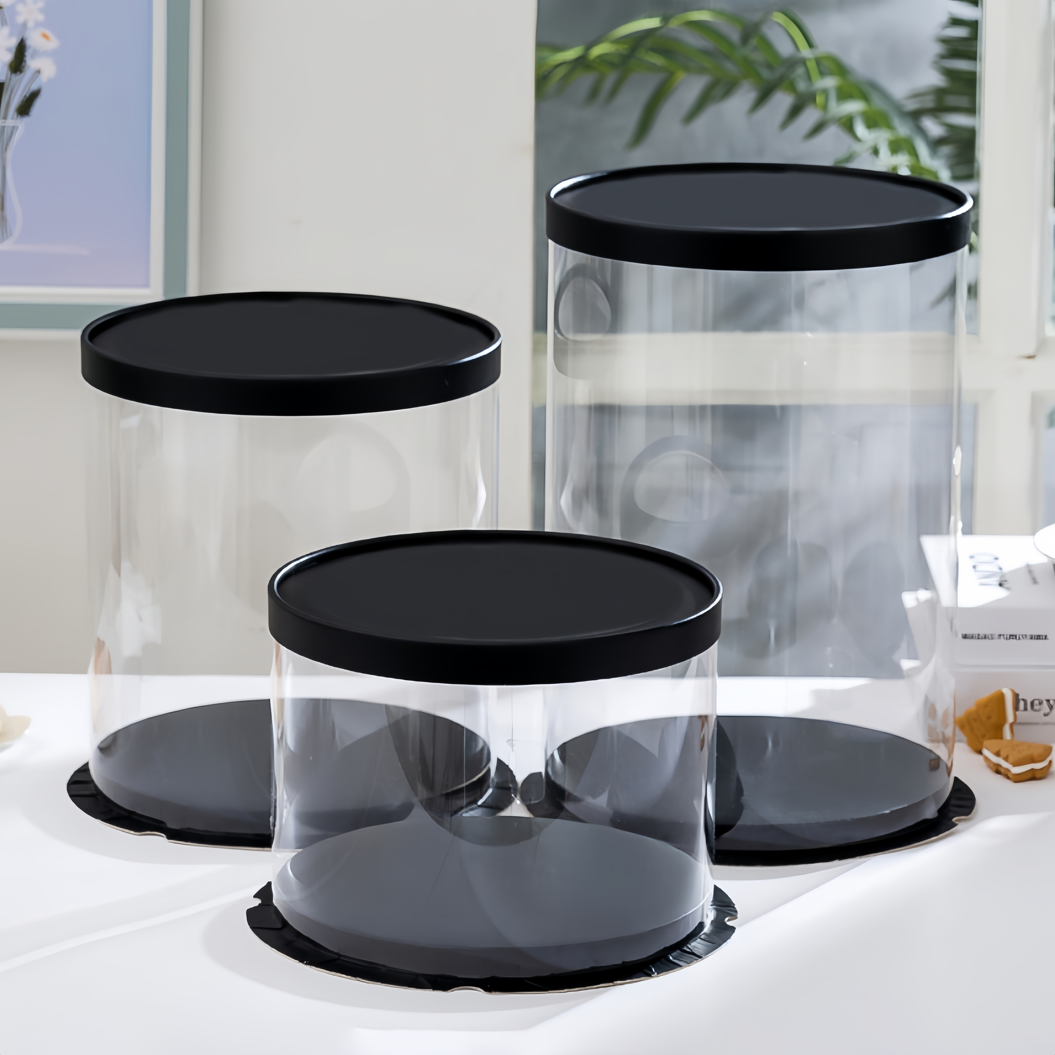 Image of Round Transparent Boxes Set Of 3, Ø18cm, H16/21/28cm, Pvc Box With Black Lid, Elegant Cylindrical Container, Luxury Gift Box, Packaging For Party, Wedding, Birthday, Celebration, Decoration