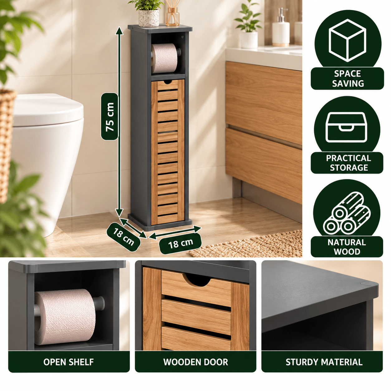 Image of Acacia And Mdf Toilet Paper Holder Cabinet, H75 X W18 X D18 Cm, Element Color