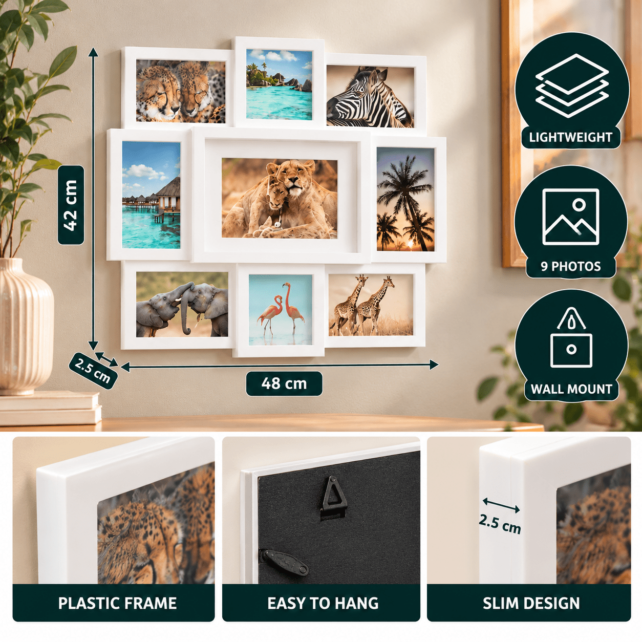 Image of Haphazardly 9 White Photos 48 X 42 X 2.5 Cm With Mat Board And Horizontal Or Vertical Wall Mounting, For Indoor Use.