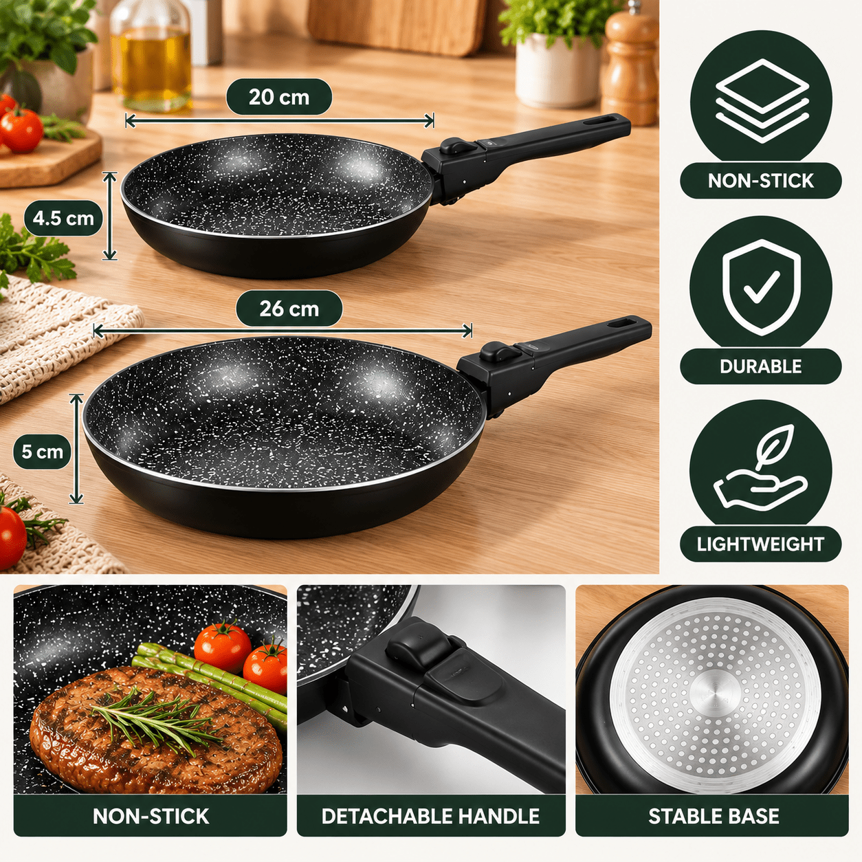 Image of Pans Set Of 2, 20 And , Black Aluminum With Removable Handle, Induction Compatible