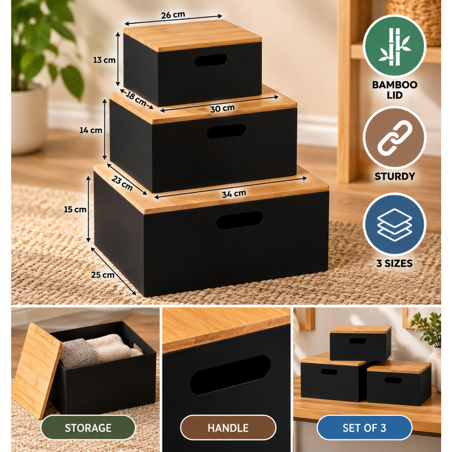 Temu Noir Boîtes De Rangement Lot De 3 Avec Couvercle En Bambou Tailles