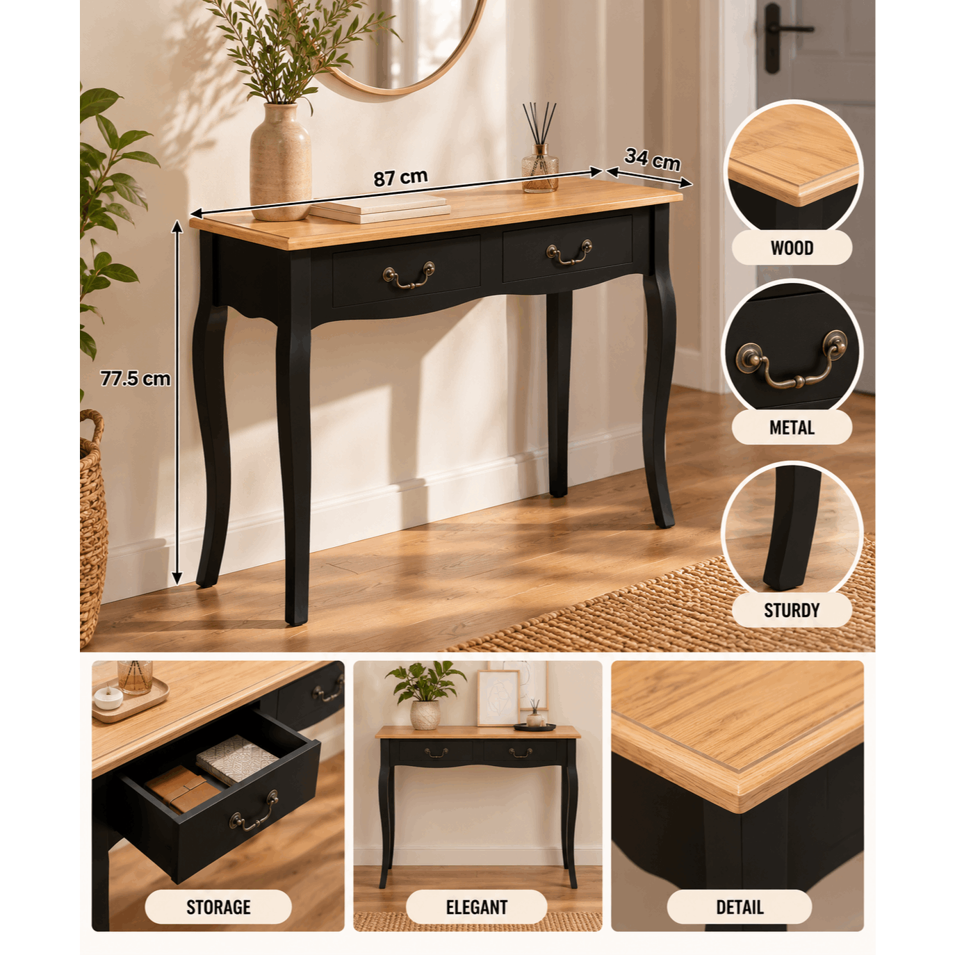 Image of 2-drawer Black Wooden Console To Assemble L87 X P34 X H78 Cm 50 Kg For Indoor Use