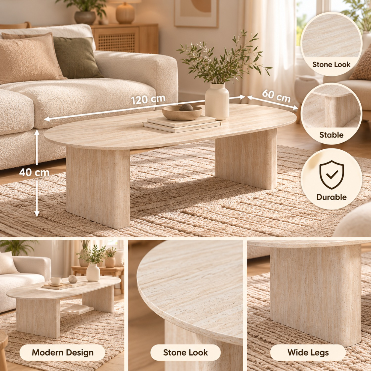 Temu Beige Table Basse Ovale 120 X 60 X 40 Cm Mdf Effet Plateau Mat Texturé, À Monter, Charge Kg, Intérieur