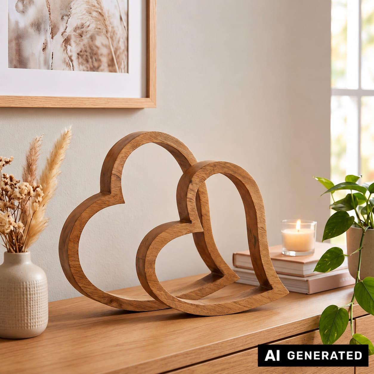 Image of 2x Decorative Figure "heart" Made Of Mango Wood, 15 + 17 Cm High, Table Decoration, Decorative Heart, Wedding Decoration