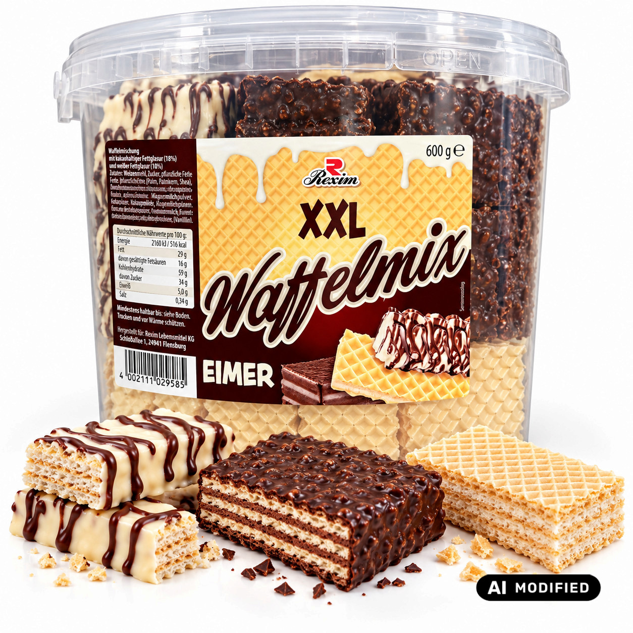 Image of Rexim Xxl Waffle Mix Bucket 600 g - Chocolate-coated Waffle Variety In Large Format