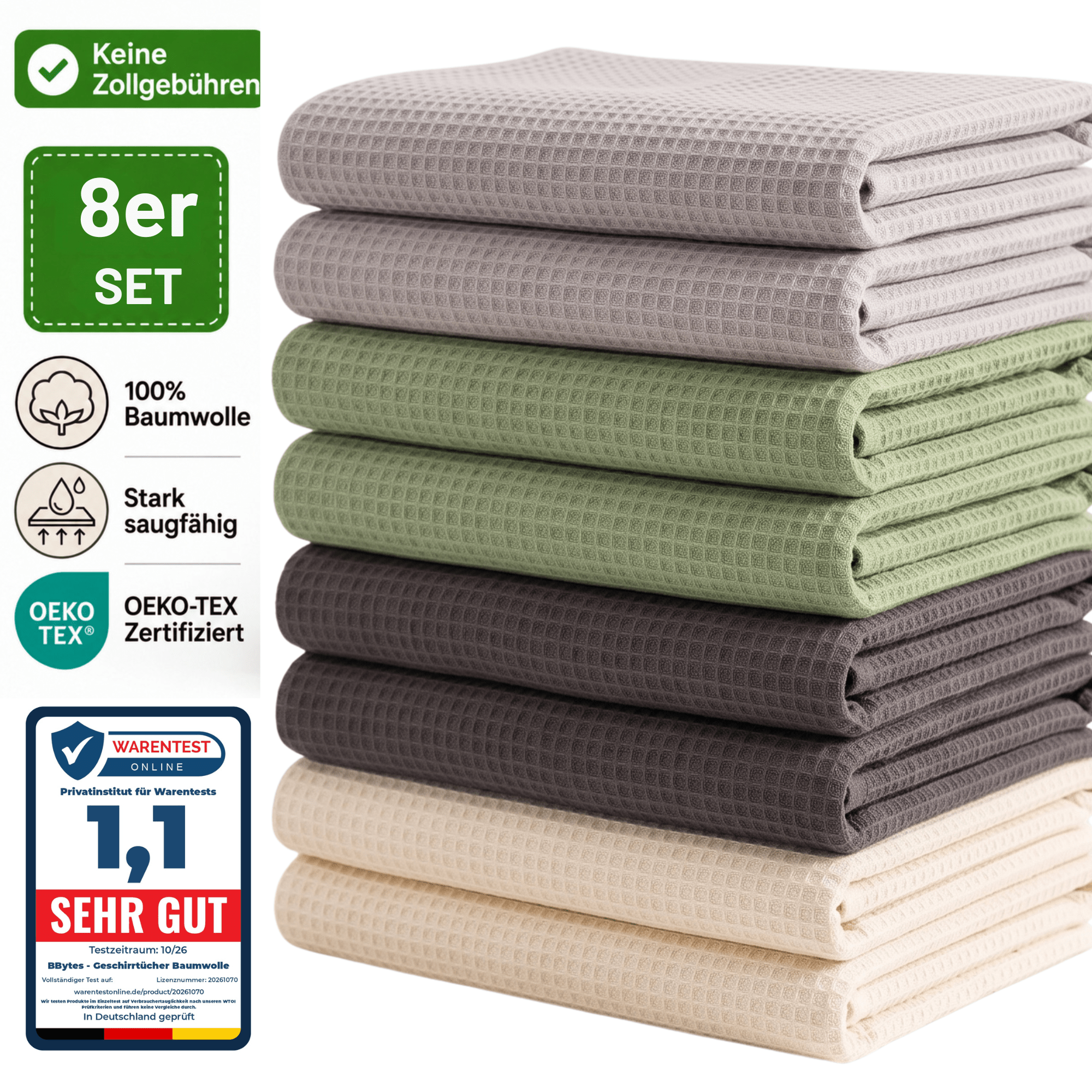 Image of 8pcs Set, Dish Towels 45x65 Cm Kitchen Towels Made Of Waffle , Absorbent And Long-lasting – , Beige, Grey &