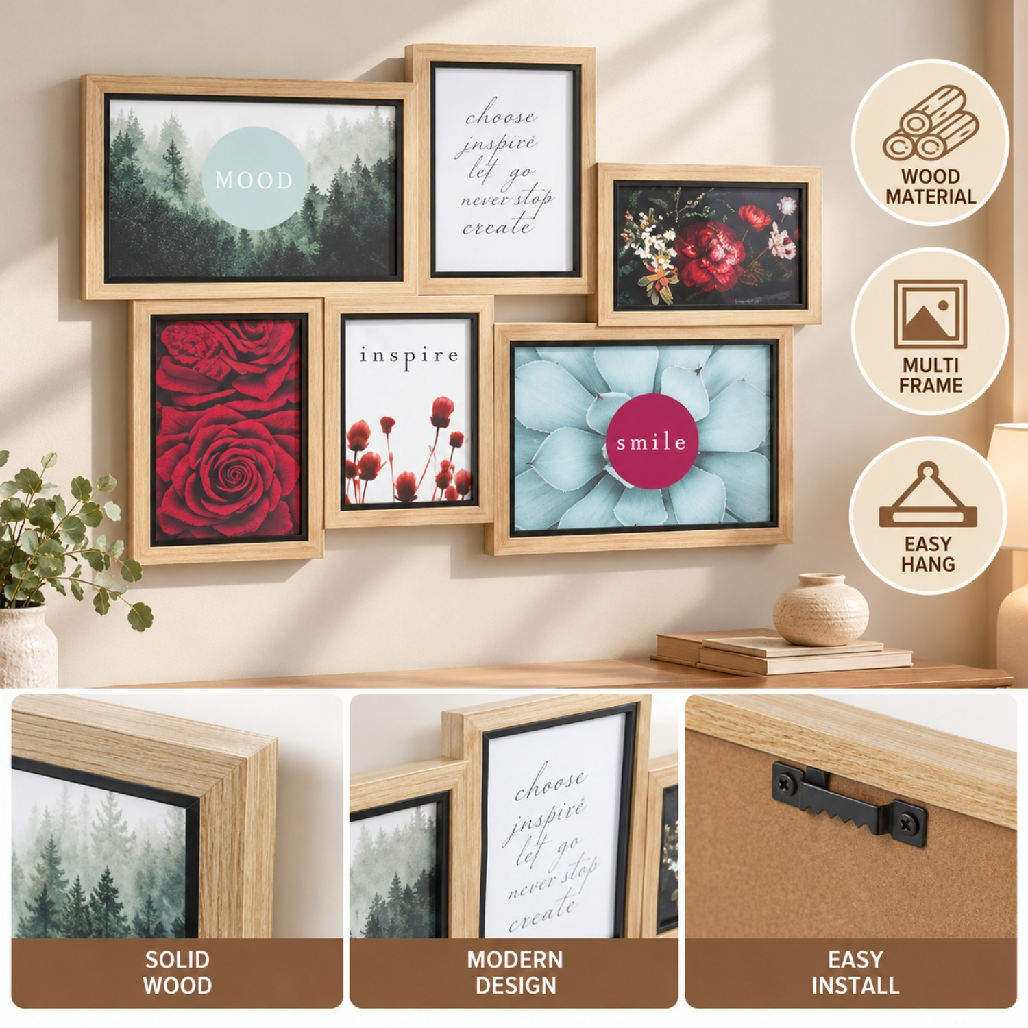 Image of Beige Wooden 6-photo Wall Hanging Display, 47.6 X 34.5 X 2.7 Cm, For Indoor Use