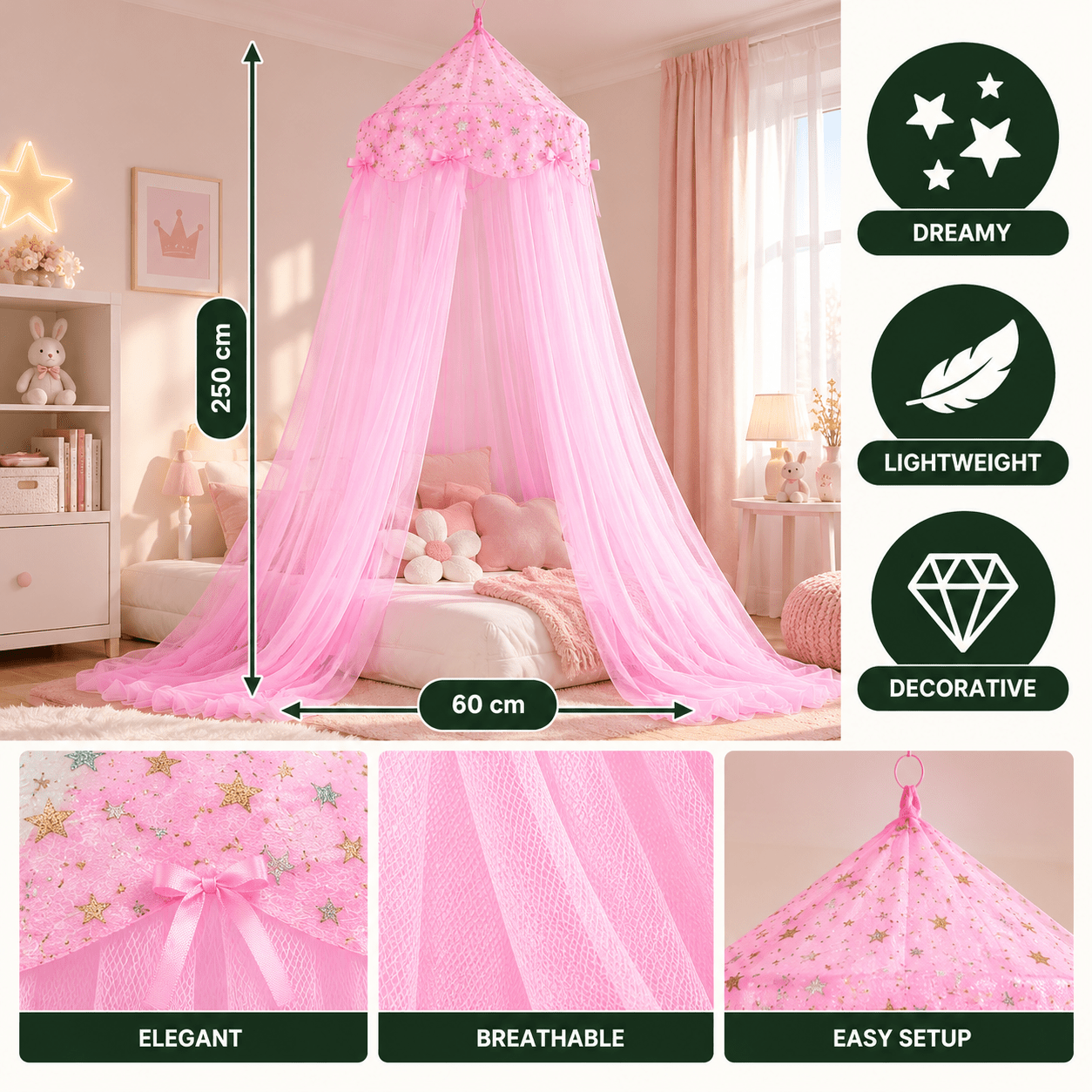 Image of Princess Bed Canopy In Pink Polyester For Indoor Use