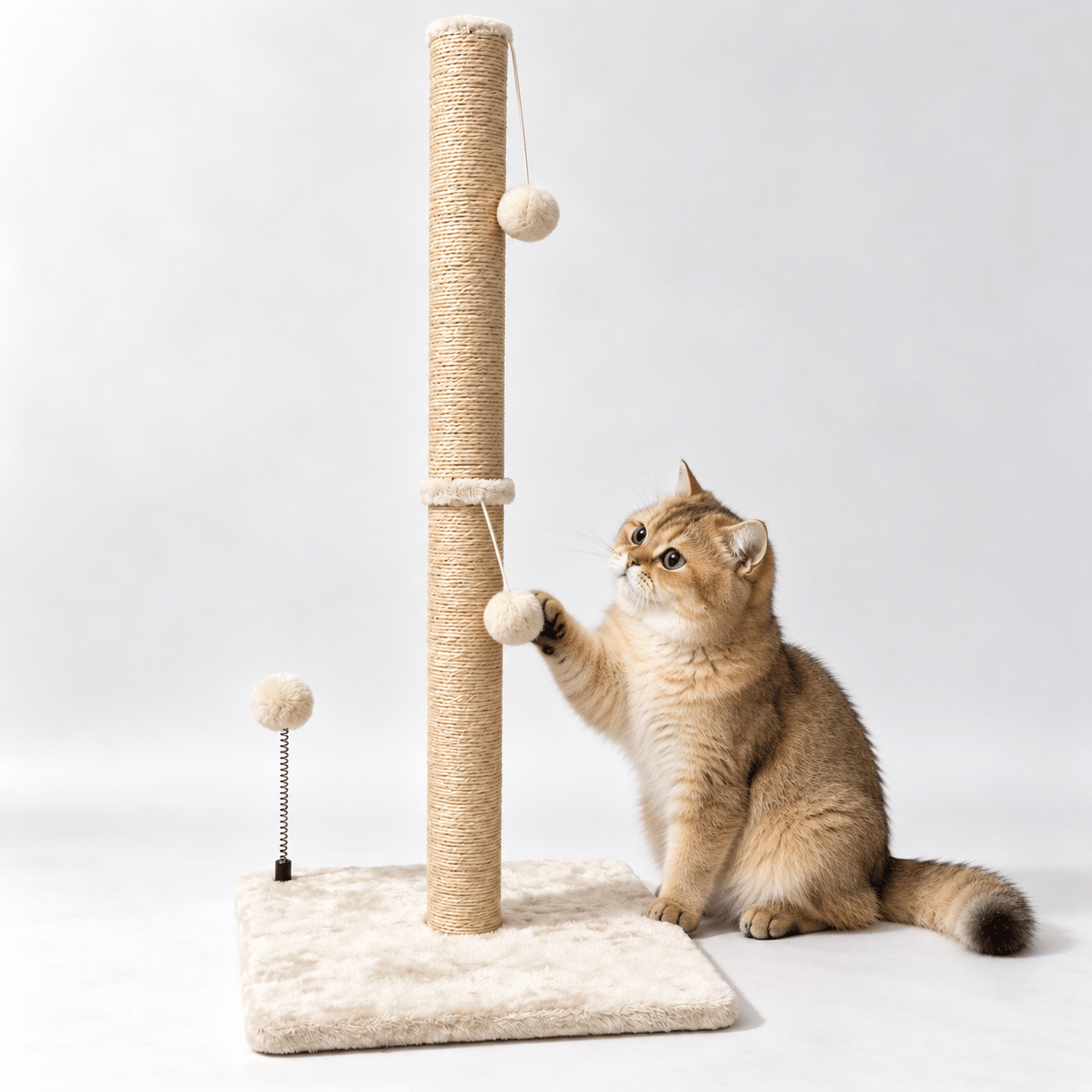 TEMU Cat Scratching Post 86 Cm With Base 40 X 40 Cm, Sisal Post With Balls, Compact Cat Tree For Scratching, Playing And Stretching