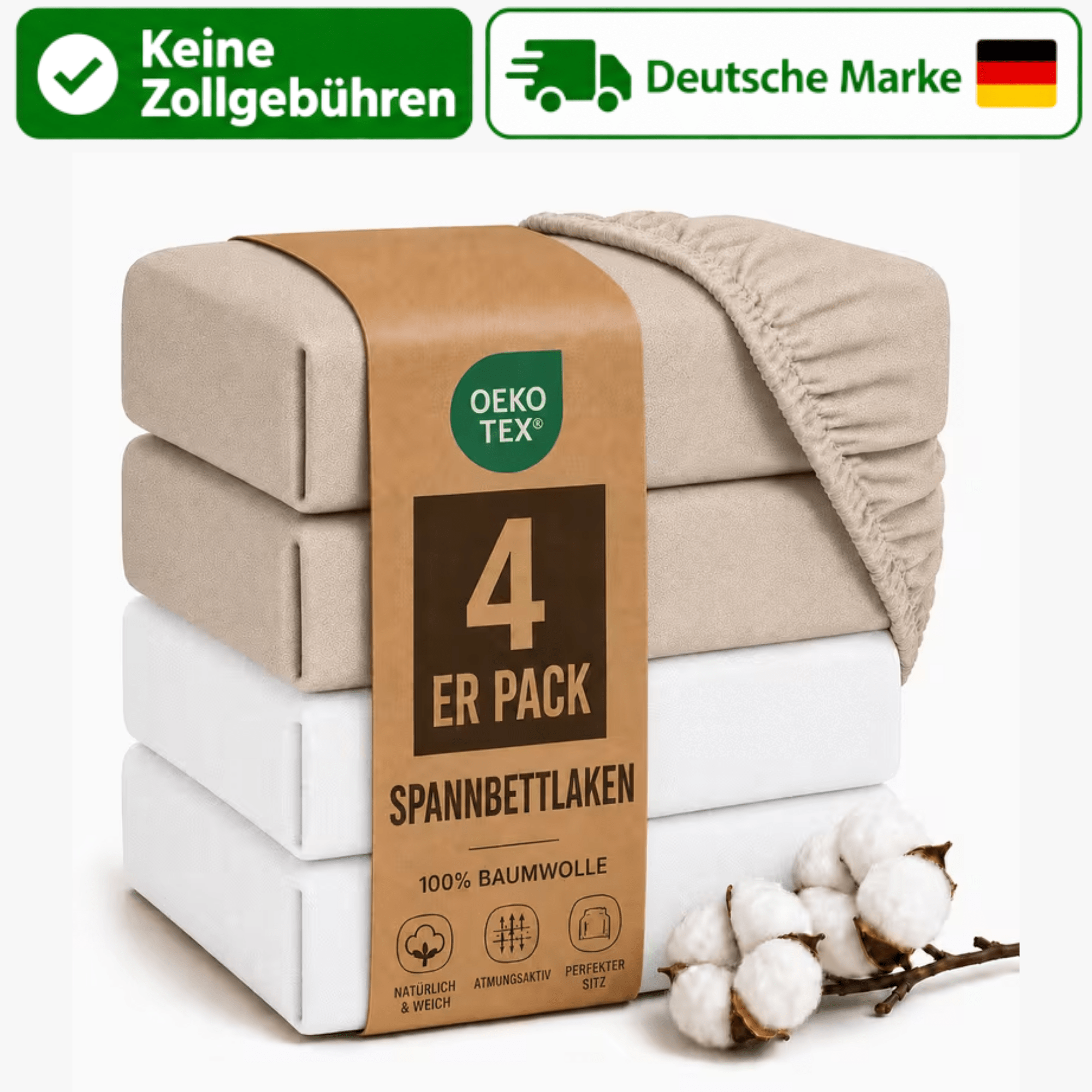 Image of 4-piece Set Fitted Sheets 100% Cotton With Elastic Band, Soft Cotton Fitted Sheets For Mattresses, -tex Certified, 90x200, 140x200, 160x200, 180x200, 200x200 Cm, Beige And White