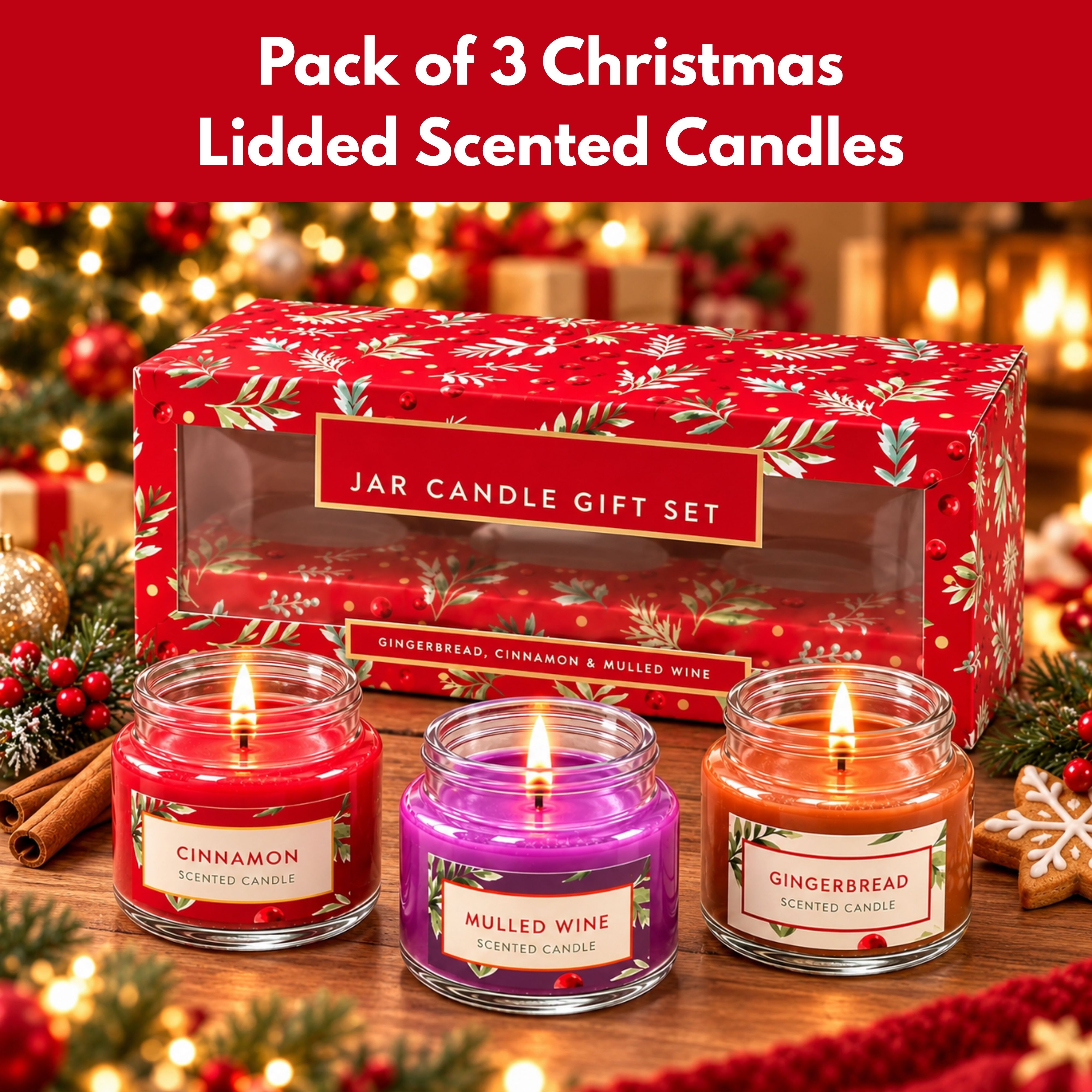 TEMU Duchessway Christmas Scented Candles 3 Pack 85g Each, Gingerbread, Cinnamon & Mulled Wine Fragrances, Decorative Lidded Glass Jar Candles, . 8