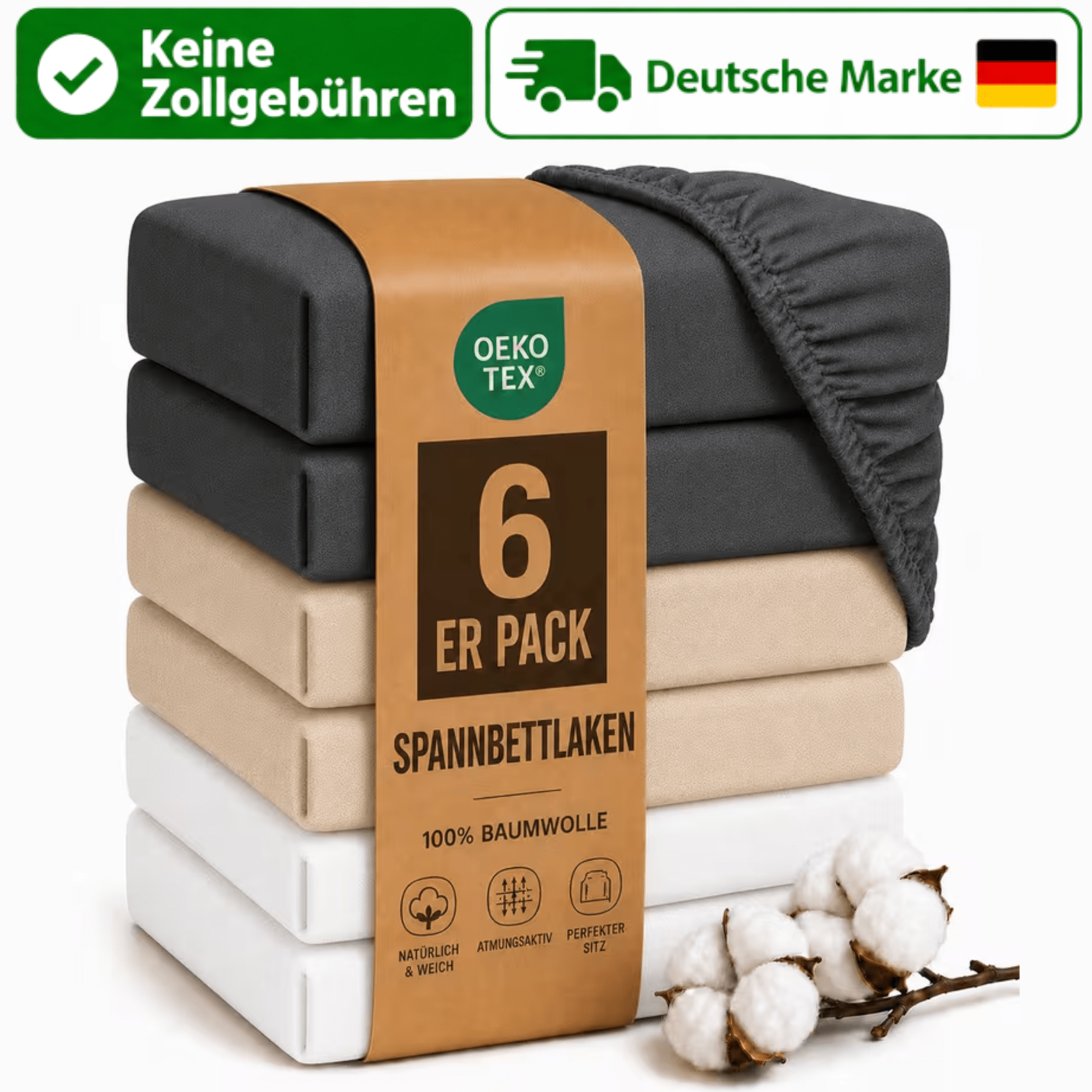Image of 6-piece Set Of Fitted Sheets, 100% Cotton With Elastic Band, Soft Cotton Fitted Sheets For Mattresses, -tex Certified, 90x200, 140x200, 160x200, 180x200, 200x200 Cm, Anthracite, Beige, And White