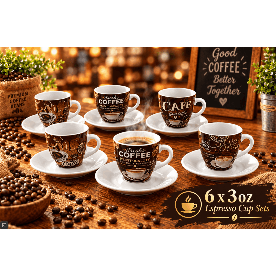 TEMU Fixtures Coffee Printed Design Espresso Cup & Saucer Set {12 Piece Set}