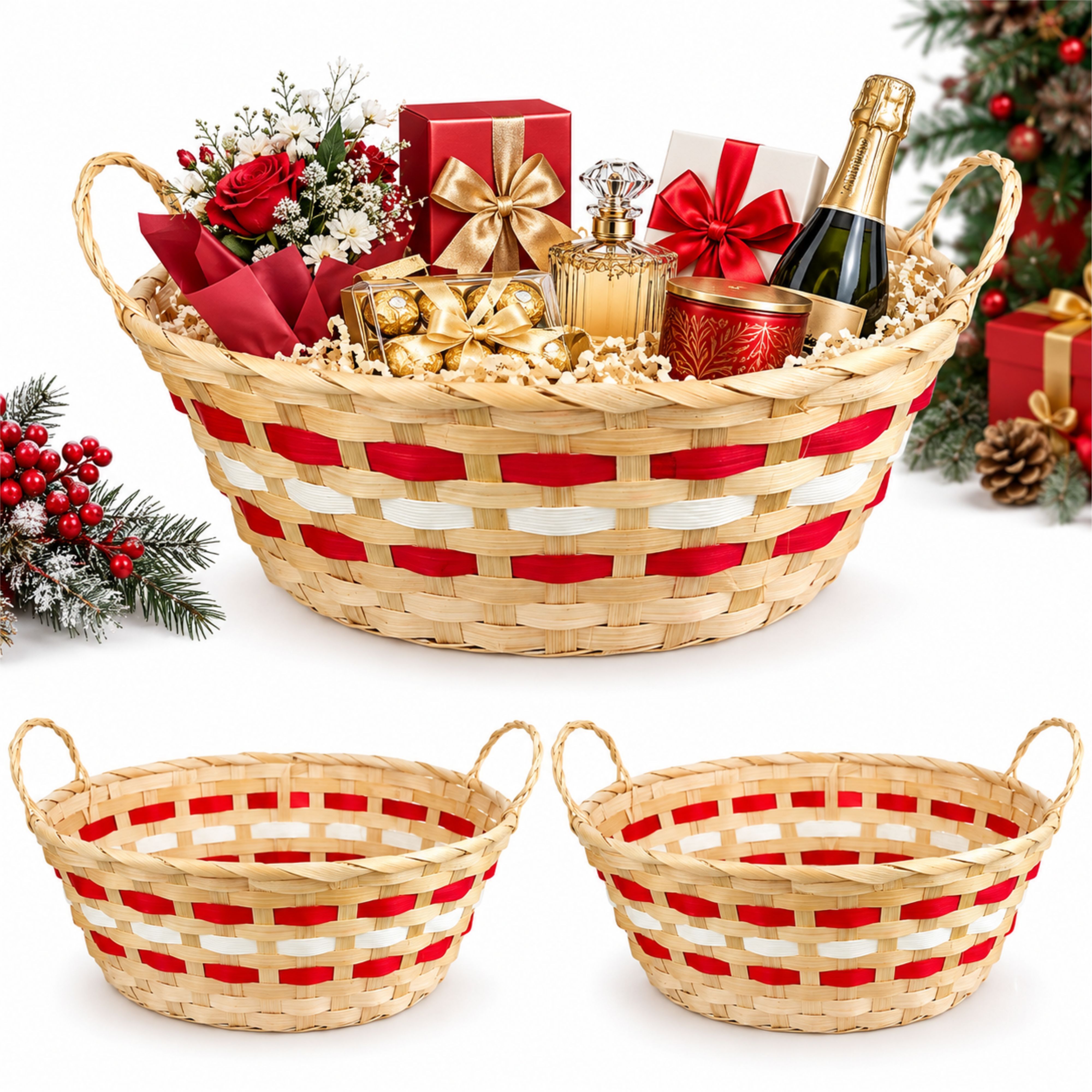 TEMU Adeptna Set Of 2 Oval Christmas Woven Gift Baskets With Handles – Red White & Natural Colour Festive Hamper Baskets For Presents, Treats,