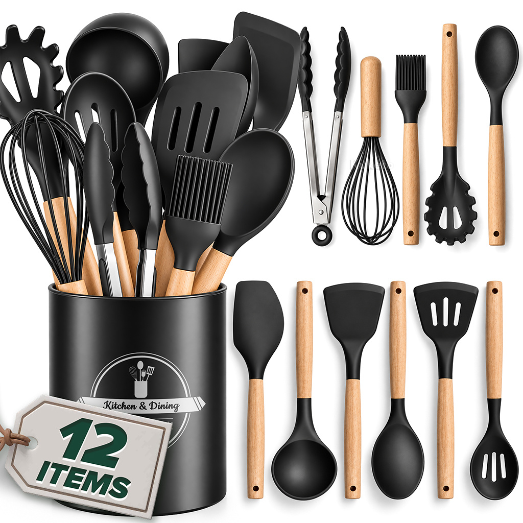 TEMU Kuketo - A Set Of 12 Silicone Kitchen Utensils With A Container, Kitchen Accessories With Wooden Handles, Spatulas, Spoons, Scoop, Macaroni