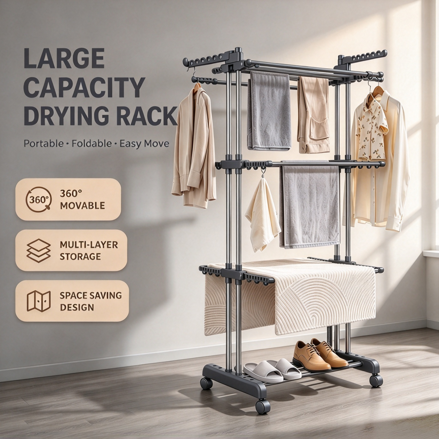 TEMU Séchoir à linge pliable mobile à 3 niveaux de grande avec roues pivotantes à 360°, présentoir et étendoir à pantalons multifonctionnel, rapide