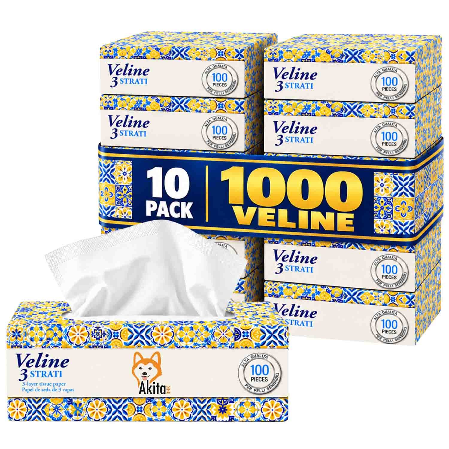 TEMU Akitaink 1000 Veline 3-ply Tissues, 10 Packs Of 100, Soft And Absorbent For Daily Hygiene, Face, Hands, And Makeup Removal