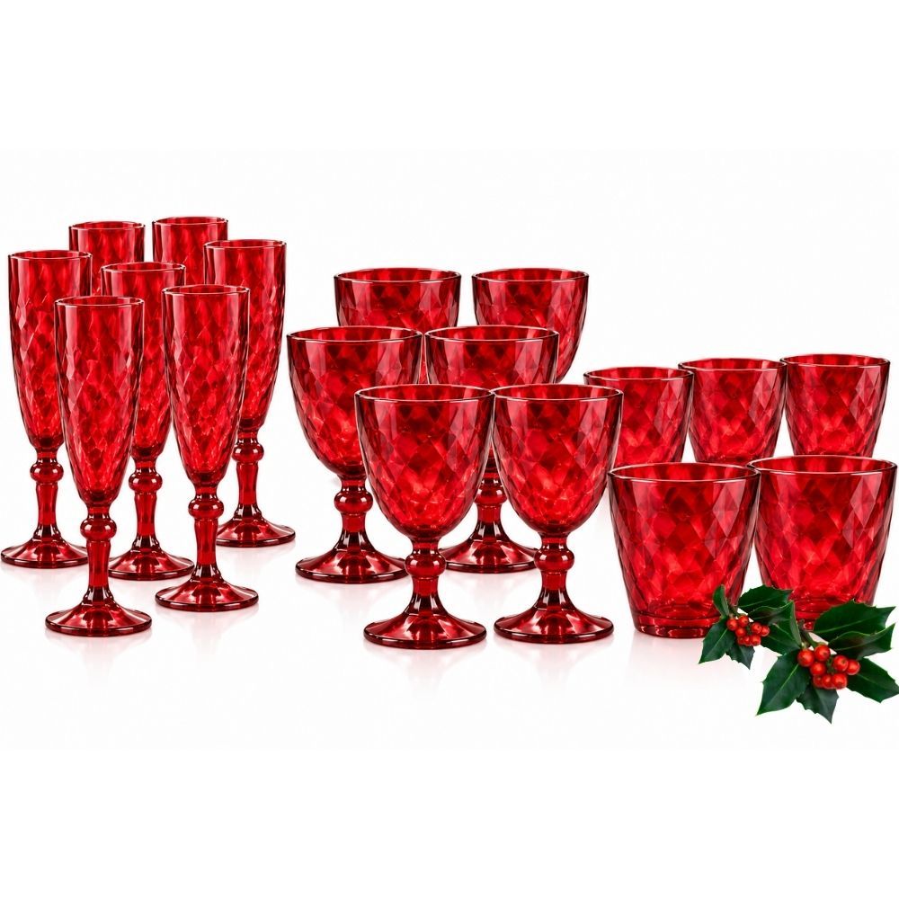 TEMU cecaro group Set 18 Pezzi Bicchieri e Calici in Vetro �� Linea Diamante �� 6 Bicchieri Acqua 250 ml + 6 Calici Vino 370 ml + 6 Flute 170 ml �� Se