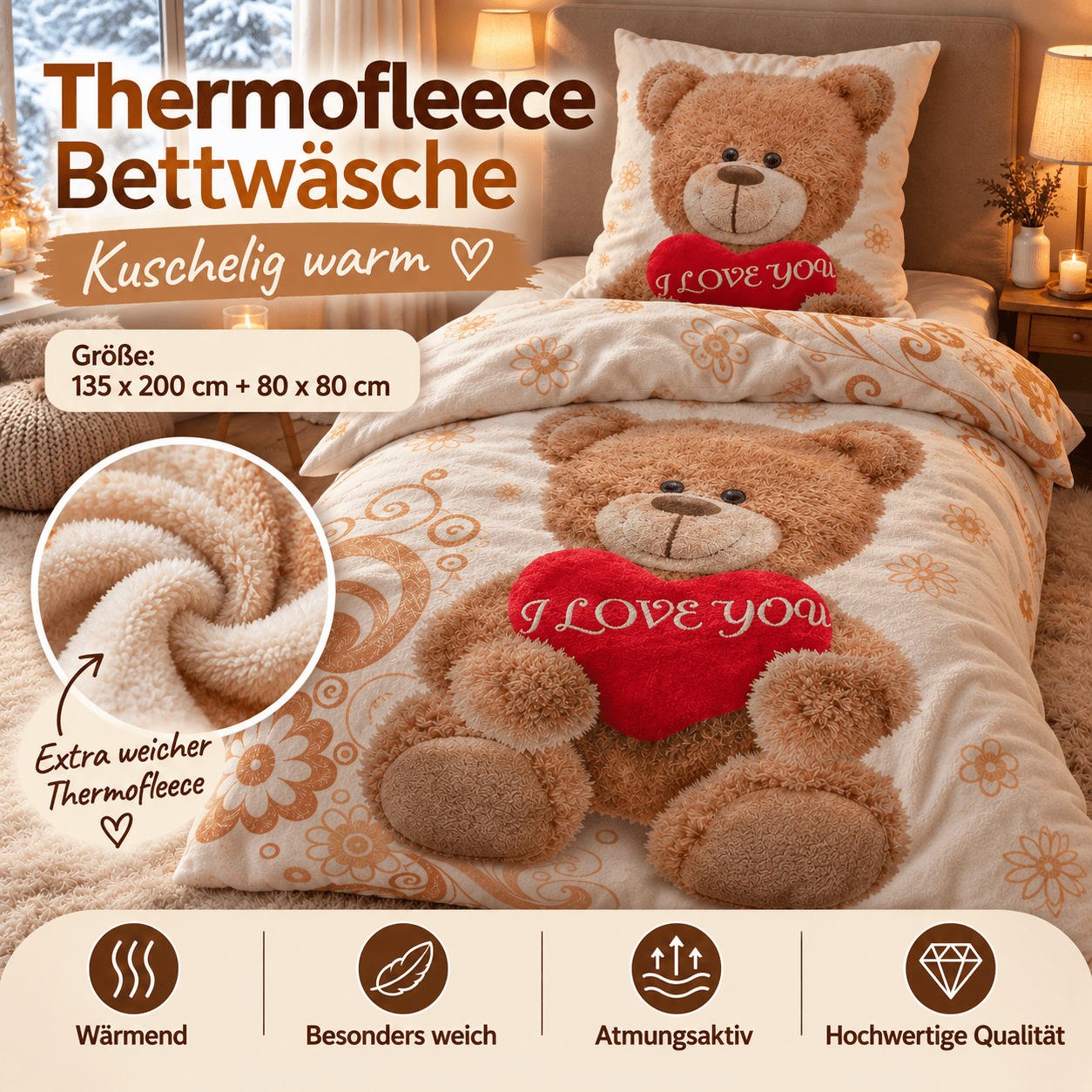 Image of Fleece Bedding 135x200 Cm Winter Teddy Bear Heart Christmas Zipper Warm Cover Pillow 80x80 Cm