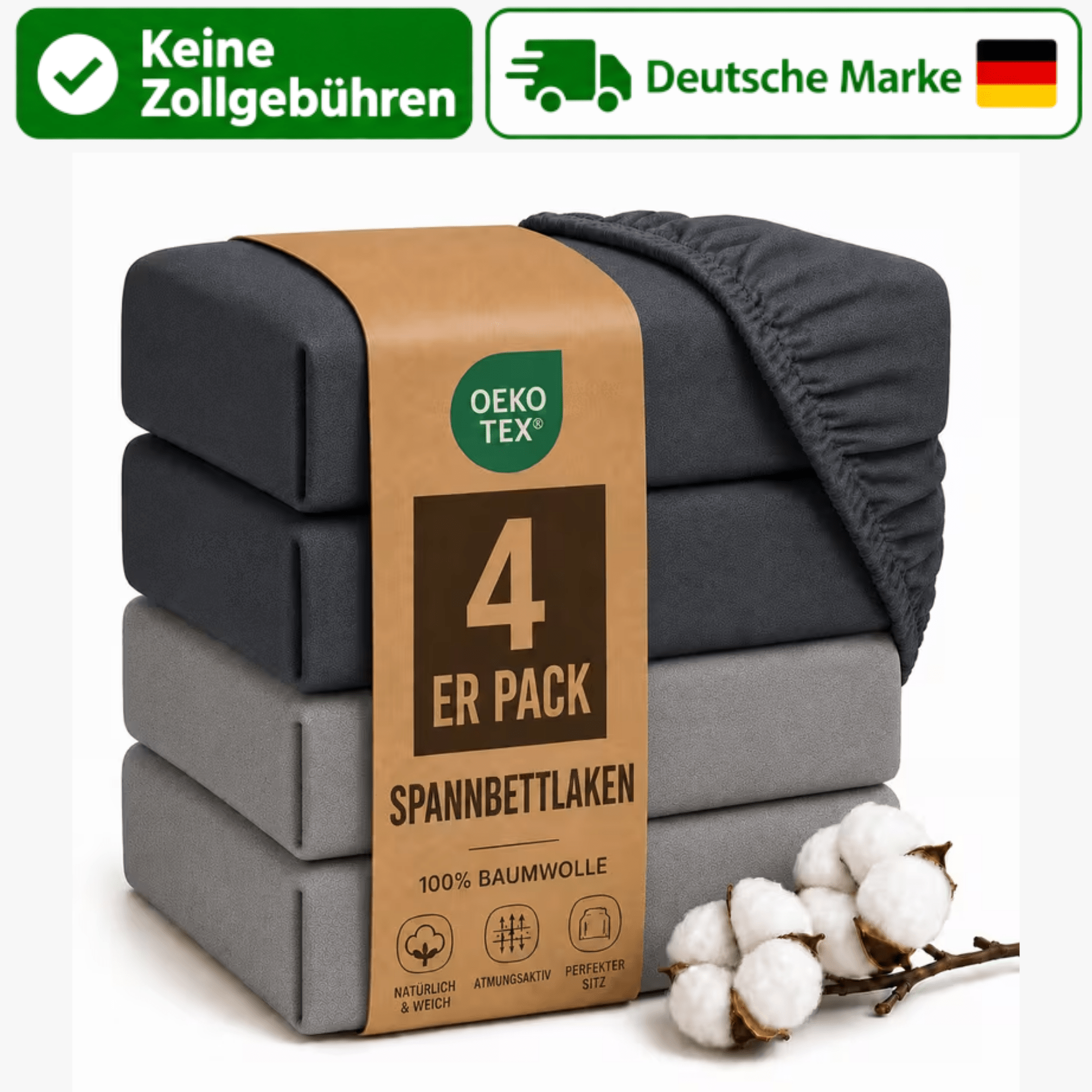Image of 4pcs Set Of Stretch Bed Sheets 100% With Rubber Band, Soft Stretch Sheets For Mattresses, -tex Certified, 90x200, 140x200, 160x200, 180x200, 200x200 Cm, Anthracite And Grey.