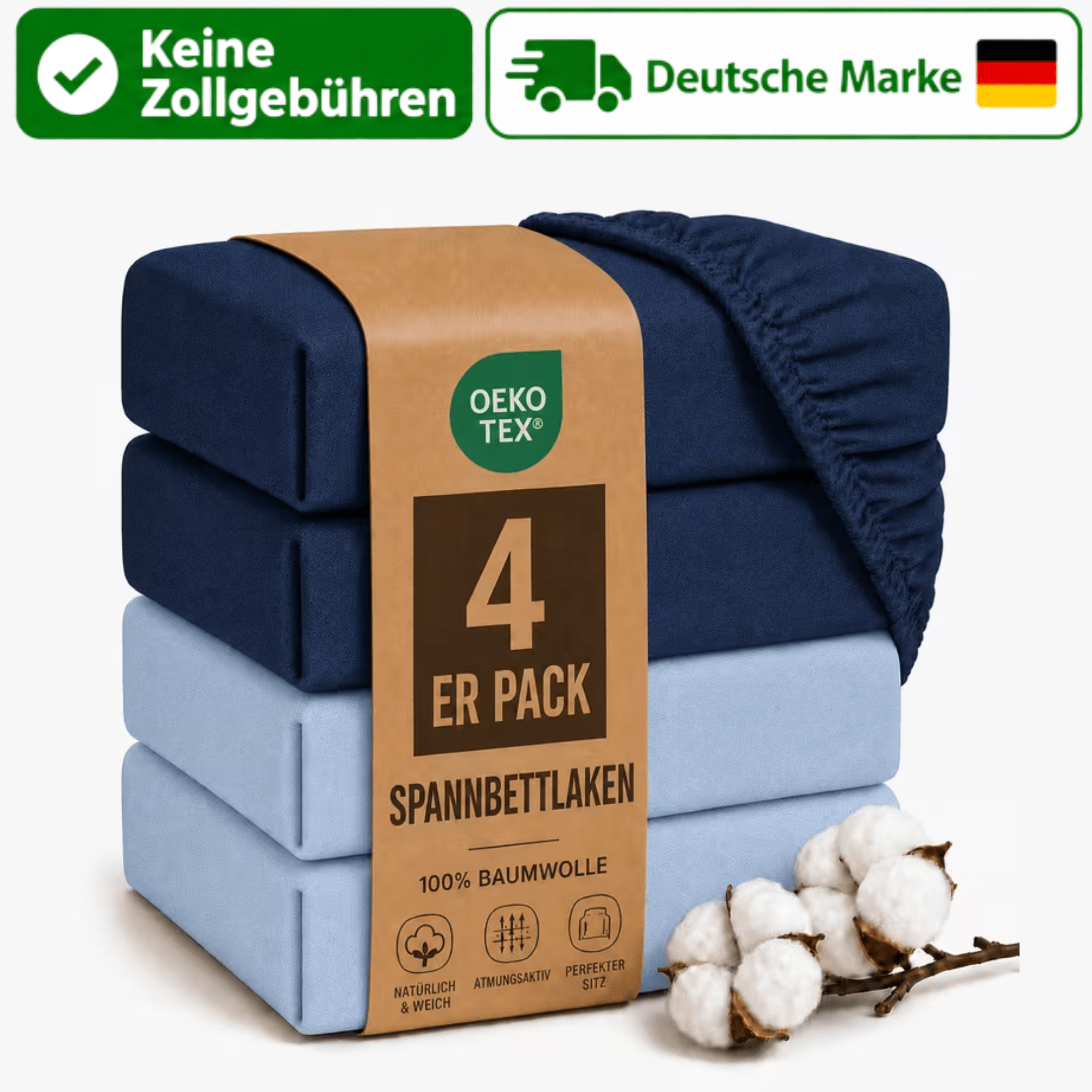 Image of 4pcs Set Of Stretch Bed Sheets 100% With Rubber Band, Sheets For Mattresses, -tex Certified, 90x200, 140x200, 160x200, 180x200, 200x200 Cm, Navy Blue And Light Blue
