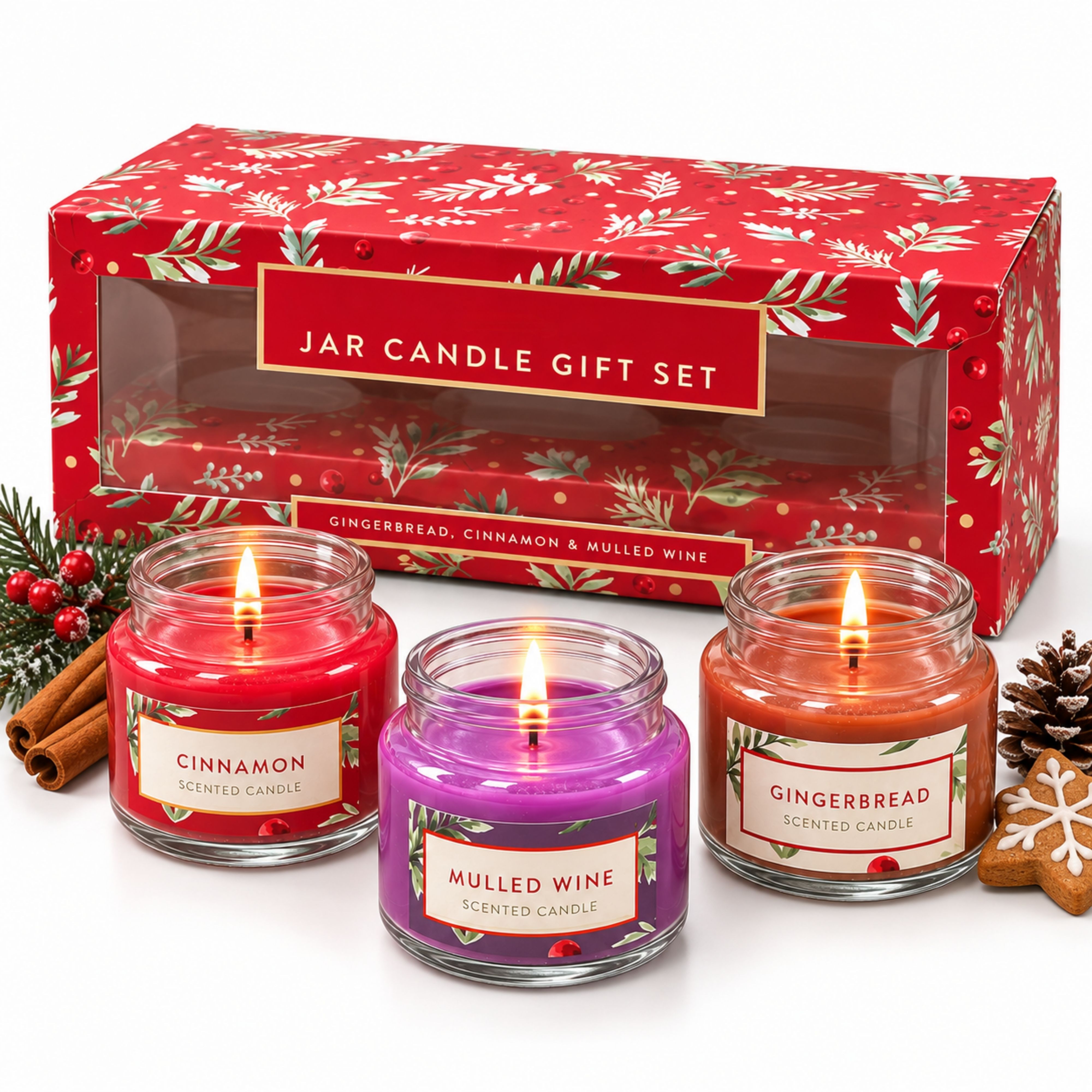 TEMU Adeptna Christmas Lidded Scented Candles 3 Pack 85g Each – Gingerbread, Cinnamon & Mulled Wine Fragrances – Festive Glass Jar Candle Set With