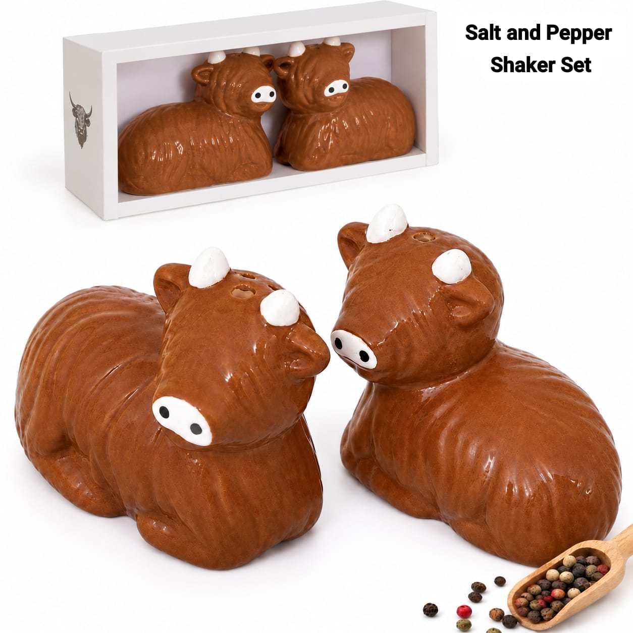 TEMU Highland Cow Salt & Pepper Shaker Set, Ceramic Seasoning Pots, Decorative Kitchen Table Condiment Set, Farmhouse Dining Accessories