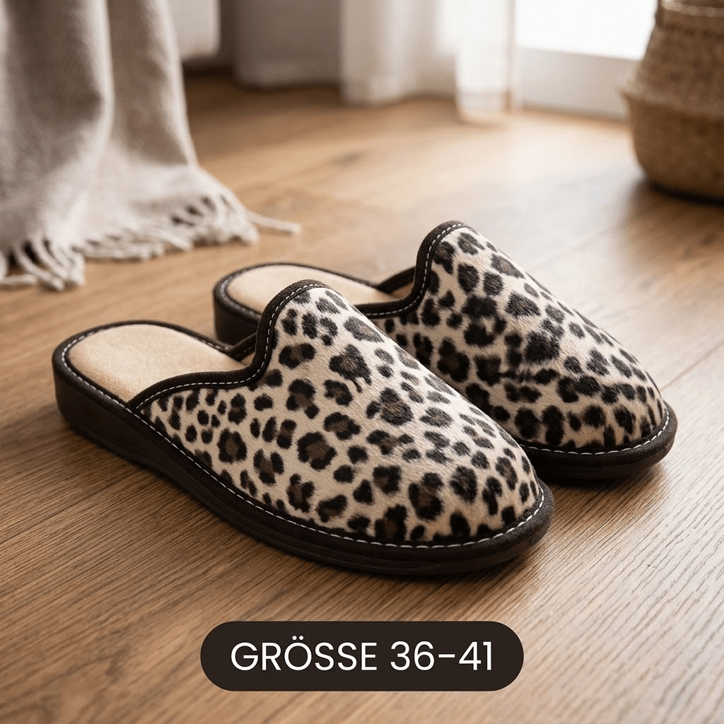 Image of Cozy Ladies' House Shoes In Leopard Look Made Of Artificial Leather - Closed Toes, Open Heel, Slippers For Home, Size 36/37/38/39/40/41