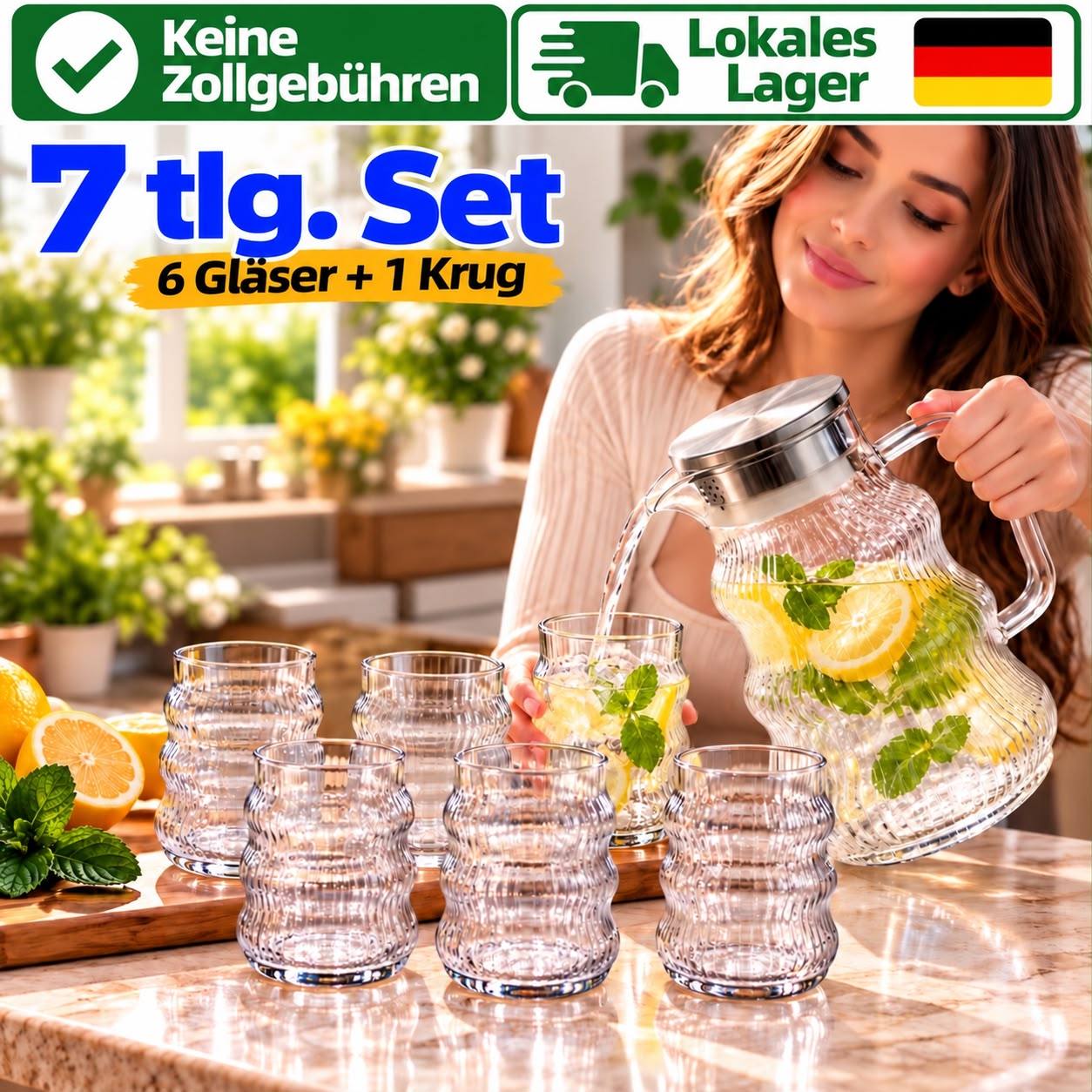 Image of Glass Set With Glass Carafe, 7-piece – 6 Borosilicate Glass Drinking Glasses, 330 Ml Each & 1600 Ml Carafe With Lid And Handle – Ribbed Water Glasses For Water, Juice, Iced Tea, Iced Coffee &