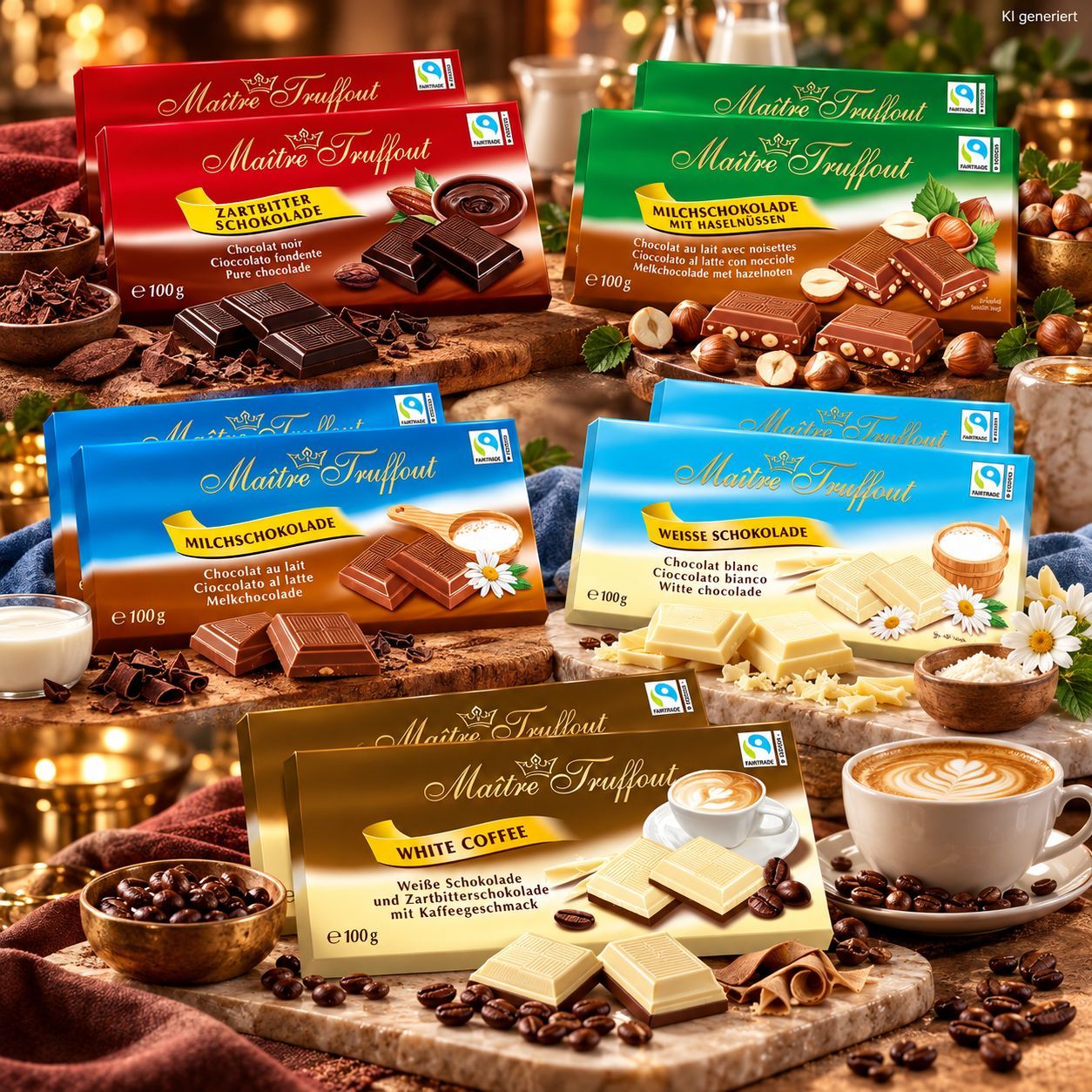 Image of Master Truffout Chocolate 10pcs Set - 5 Varieties: Hazelnut, Semi-bitter, White Coffee, Milk Chocolate & White Chocolate - Chocolate Mix, Stock Pack, Gift Idea - 10 X 100 G (1 Kg)