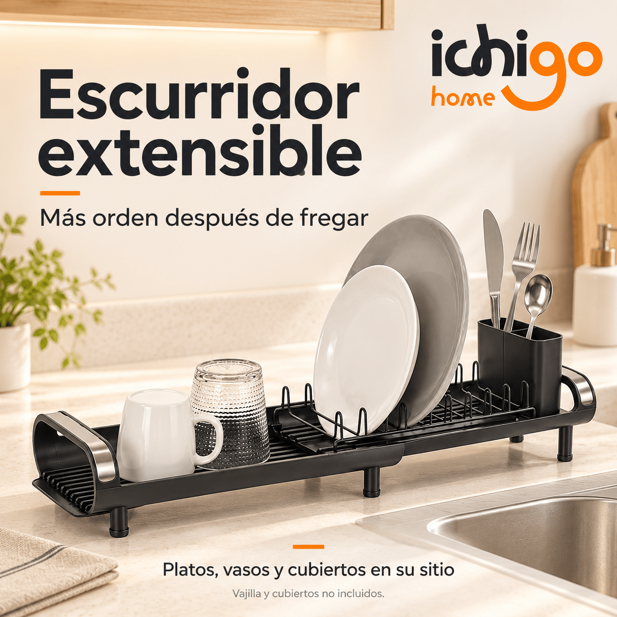 TEMU ICHIGO HOME- Escurreplatos Extensible con Porta Cubiertos | Escurridor de Platos Negro