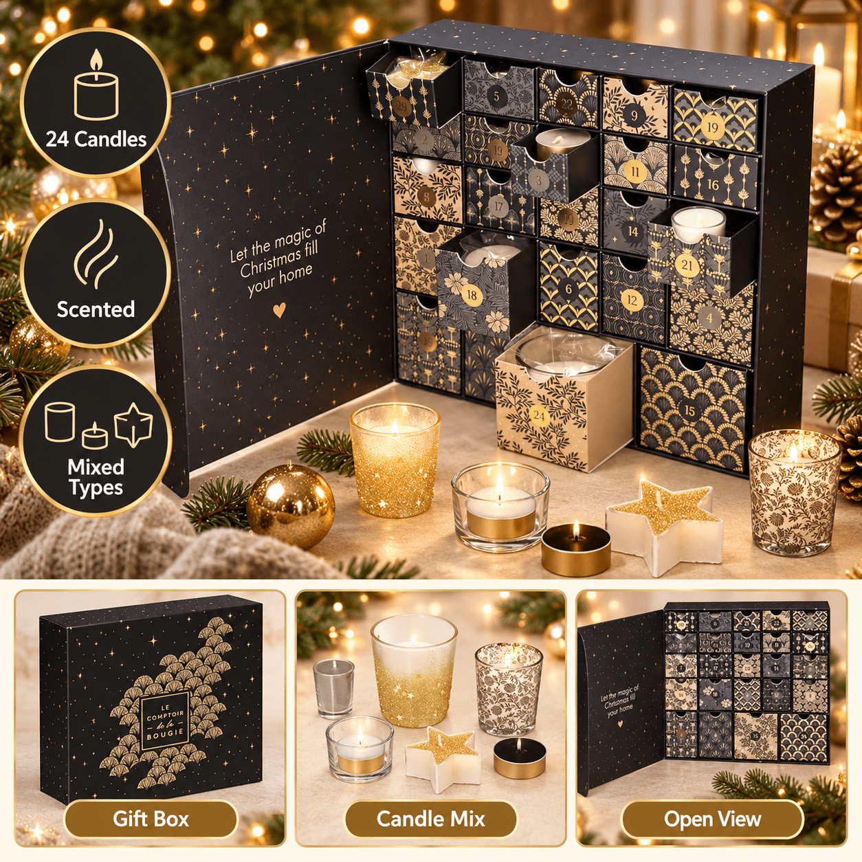 TEMU Calendrier de l’Avent avec 24 bougies parfumées – Coffret de Noël avec bougies en verre, étoiles pailletées, chauffe-plats et votives – cadeau
