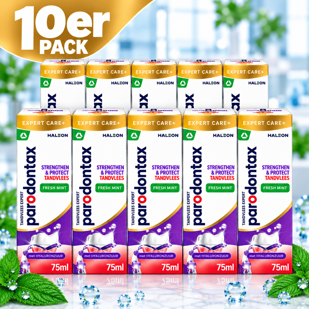 Image of Parodontax Care+ & Protection Fresh Mint Toothpaste With Hyaluronic Acid – For Daily Gum Care – 10-pack Value Pack (10 X 75 Ml / 750 Ml)