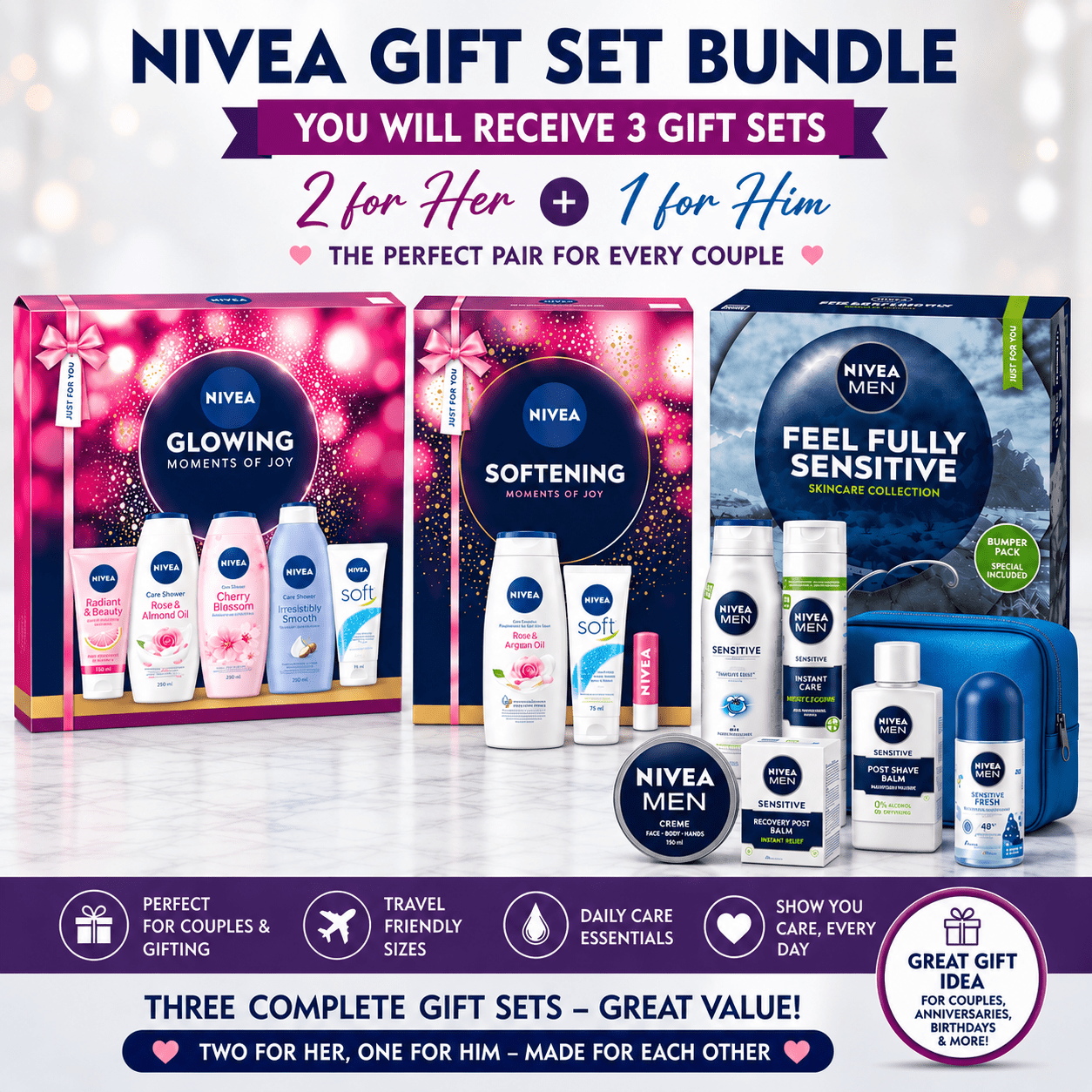 TEMU Gift Set Bundle – 3 Gift Sets – 2 For Her & 1 For Him – Time, Softening & Men Sensitive