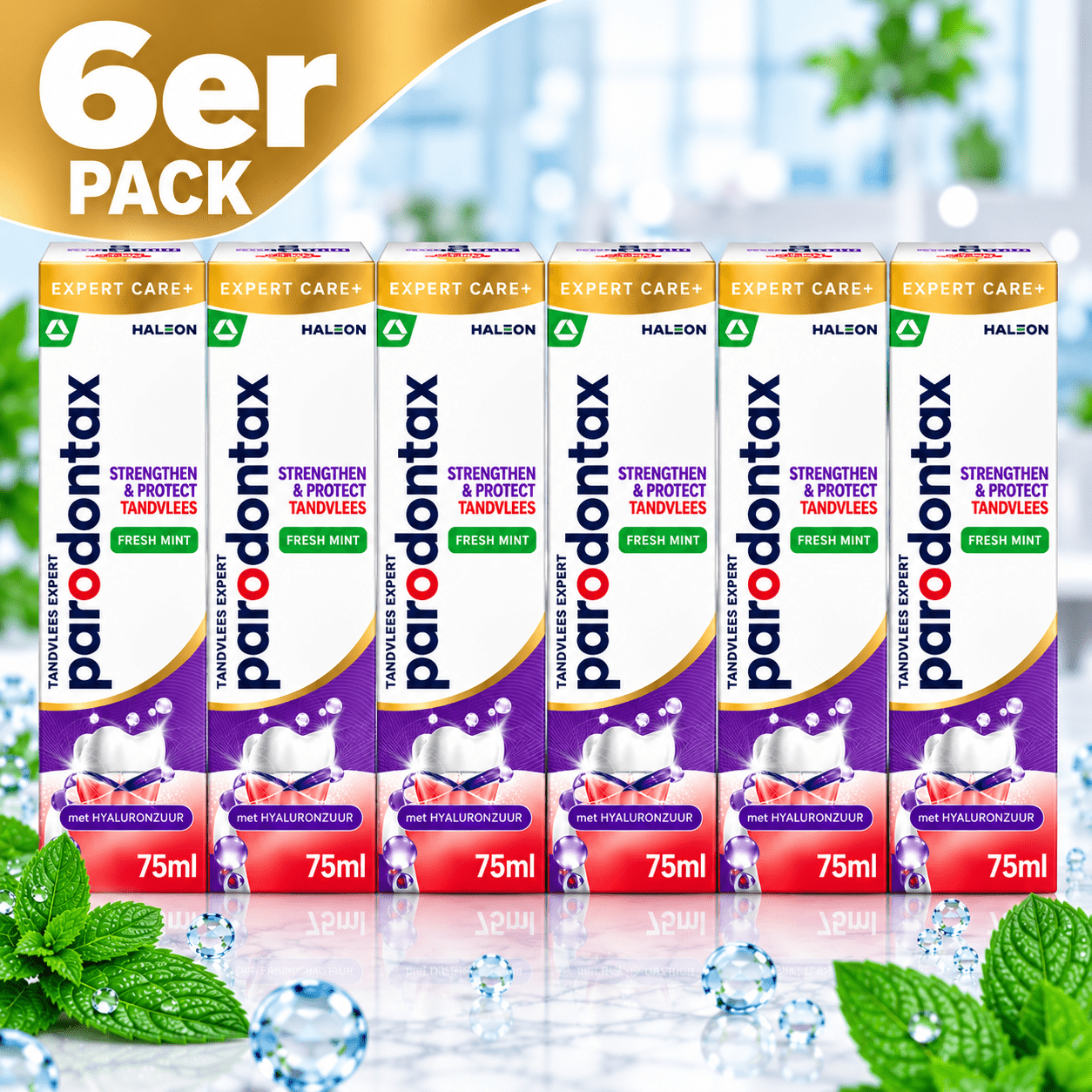 Image of Parodontax Care+ Gum Strengthening & Protection Fresh Mint Toothpaste With Hyaluronic Acid – For Daily Gum Care – 6 (6 X 75 Ml / 450 Ml)
