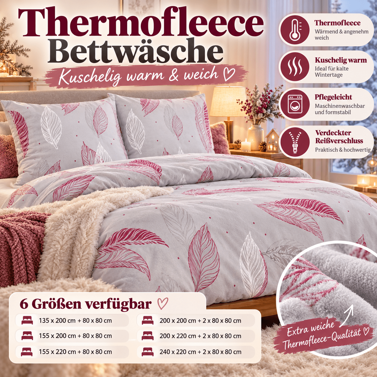Image of Winter Fleece Bedding With Feather Pattern, Grey And Red, Zippered Pillow Cover, 80x80 Cm, In Sizes