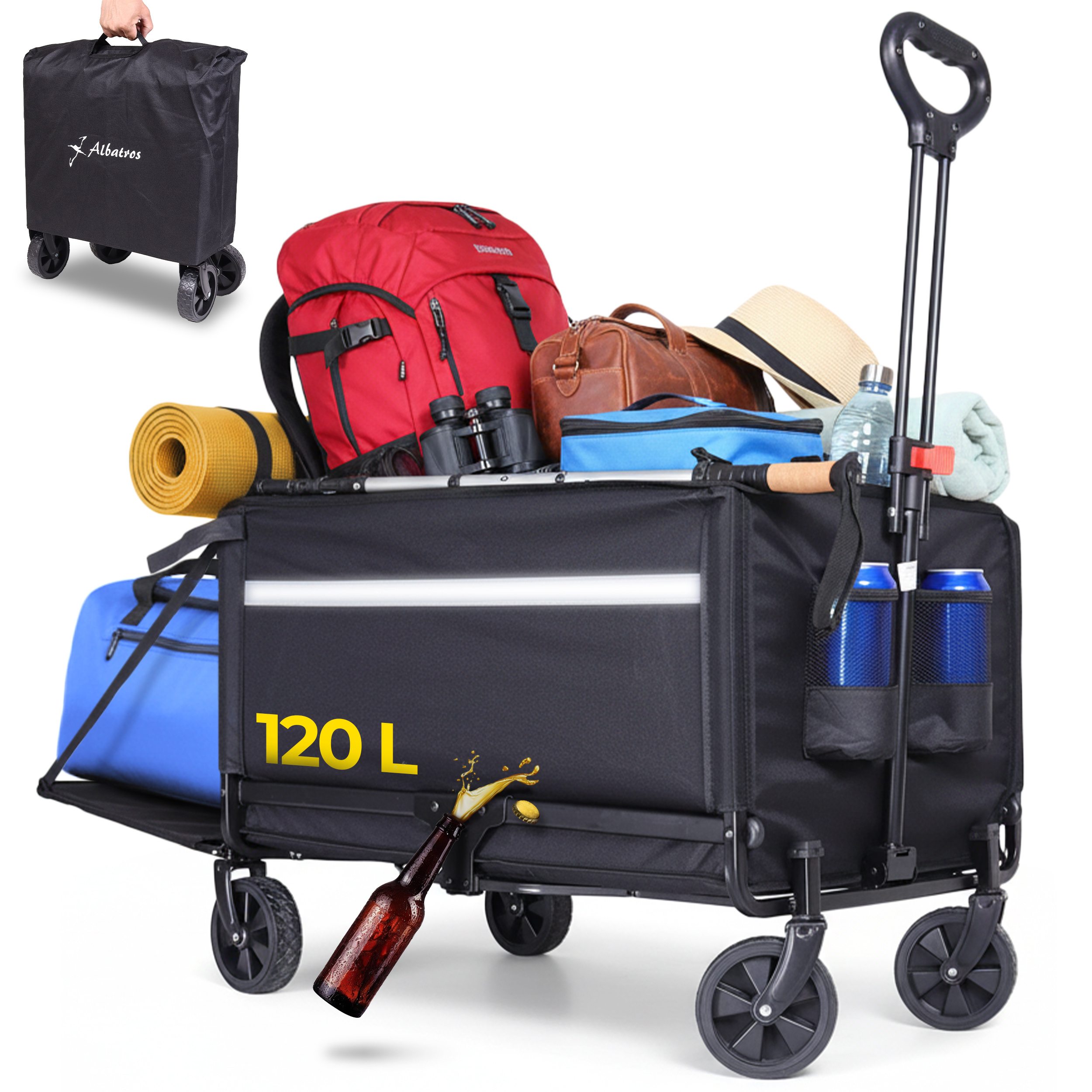 Image of Collapsible 120l Trolley With Bottle Opener & Drink Holder – Foldable Handcart With Reflective Strips, Rear Wall Opening & Canopy – Outdoor Transport Trolley For Camping & Outings