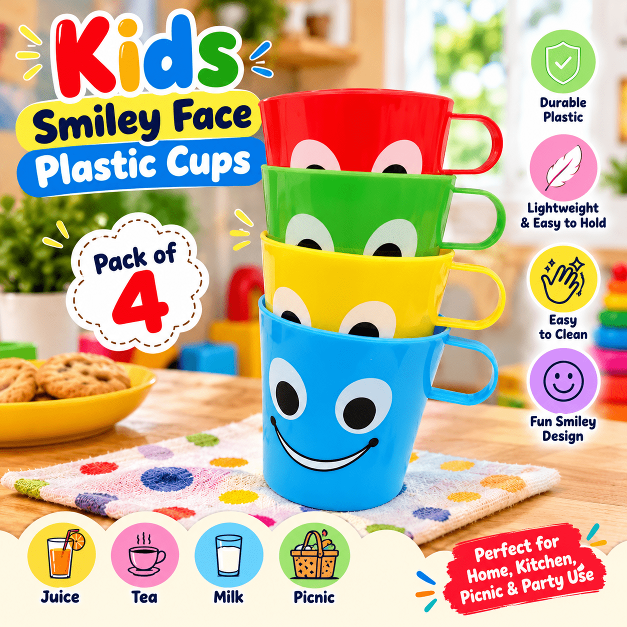 TEMU Kids Face Plastic Cups Pack Of 4, Colourful Reusable Drinking Mugs With Handles, Lightweight Fun Juice Tea Milk Cups For Children Home Kitchen