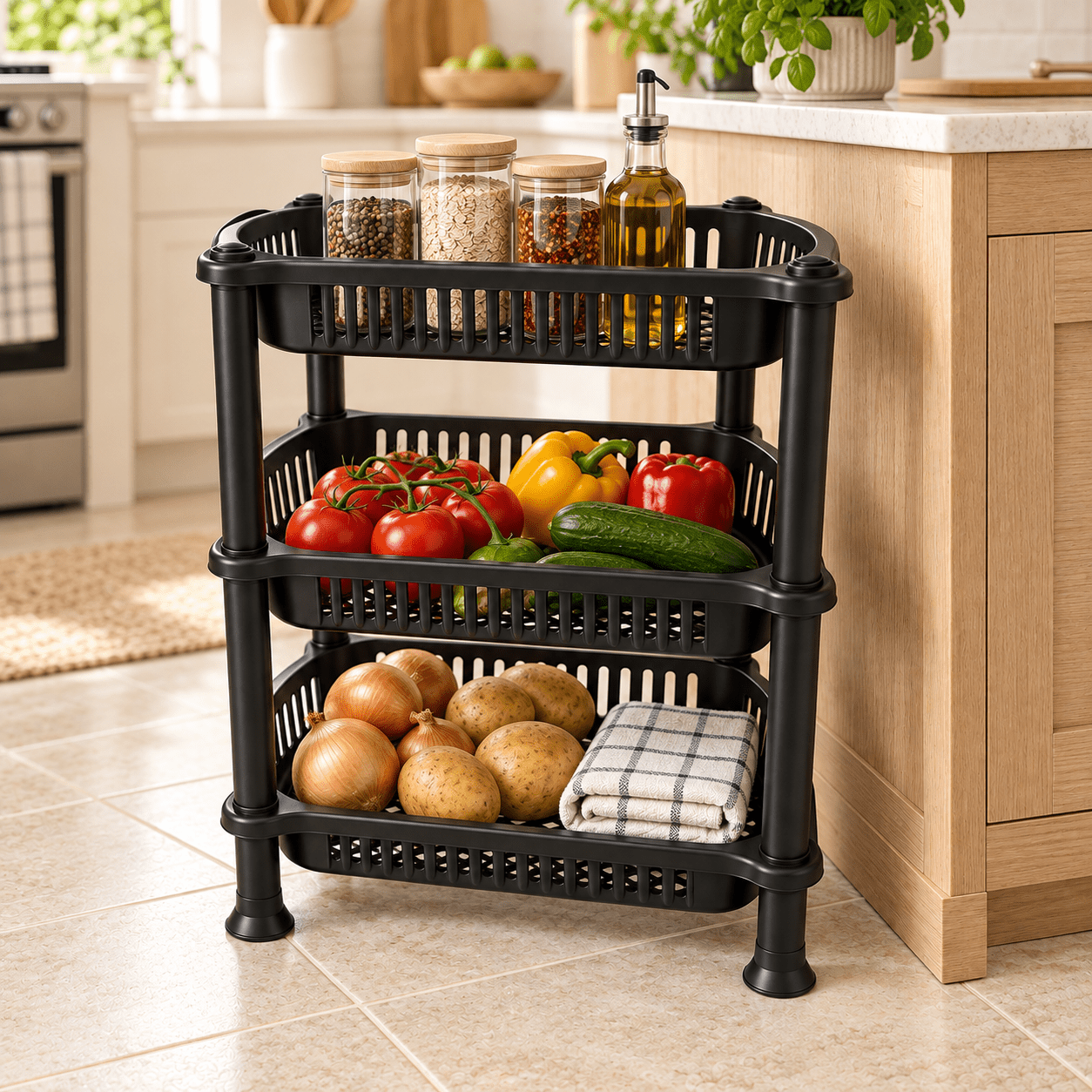 TEMU 3 Tier Vegetable Storage Trolley On Wheels, Rolling Kitchen Organizer Cart With 3 Storage Baskets For Fruits, Vegetables, Pantry, Bathroom &
