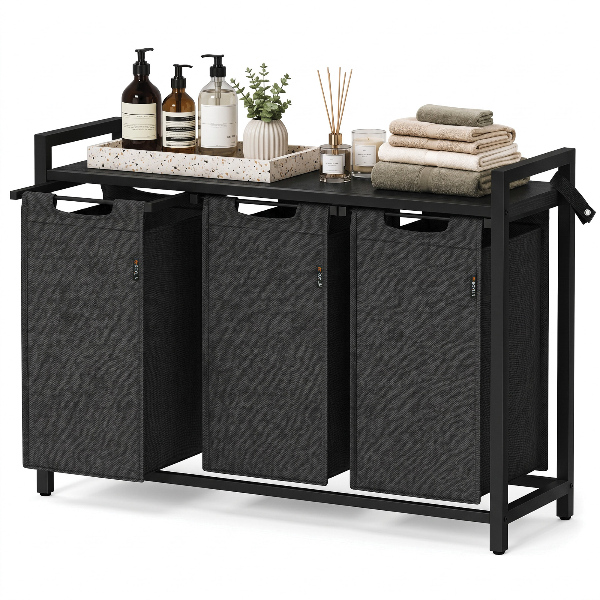 Image of Roxlin Laundry Basket With 3 Compartments - Laundry Collector With Lid & Shelf - Metal Laundry Sorter - Dirty Laundry Organizer For Bathroom, Bedroom, Laundry Room