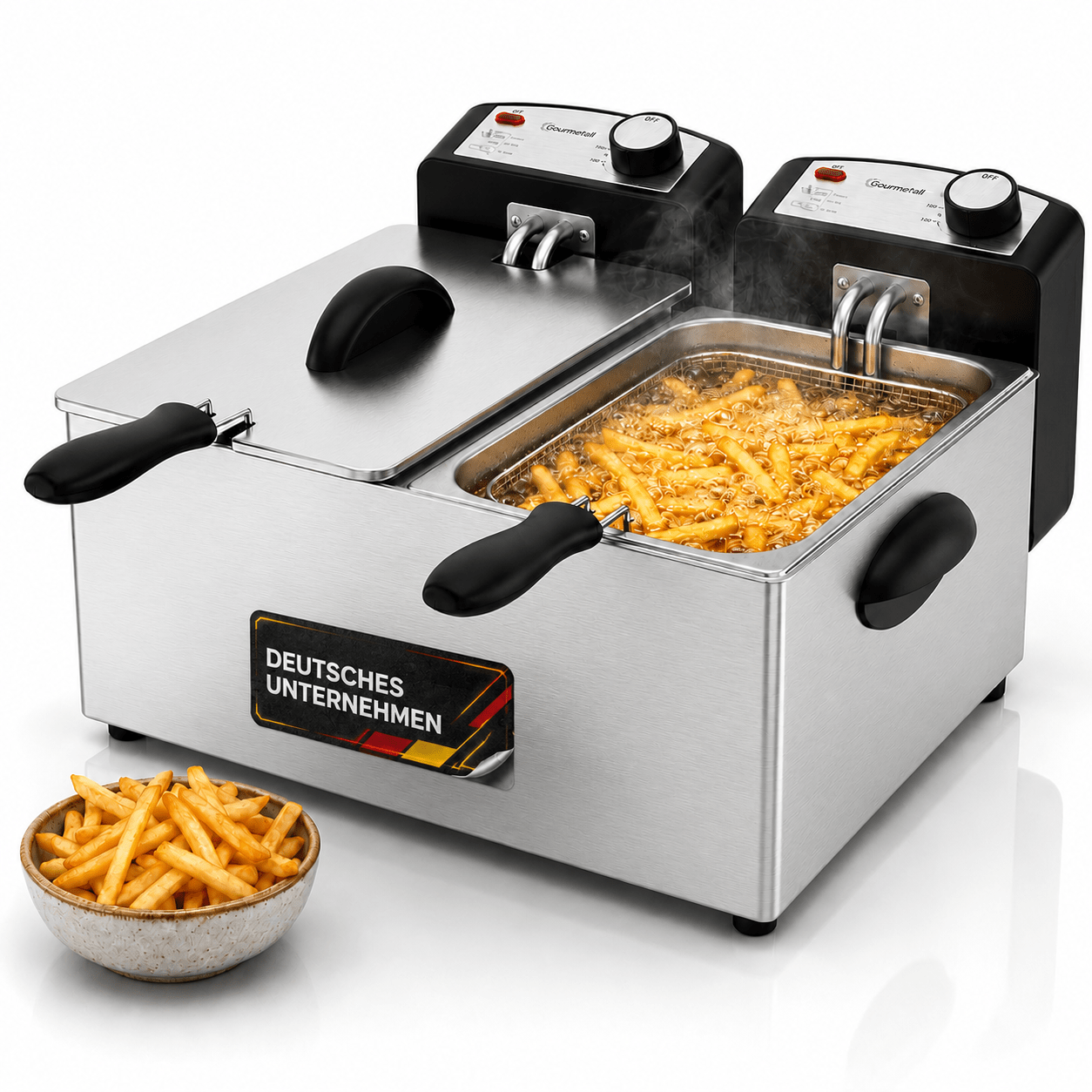 TEMU XXL Doppel-Fritteuse mit Öl oder Fett | echte Edelstahl Fritteuse für knusprige Pommes | 3000 Watt | 5 Liter | 3 Körbe | Kaltzone | DF-3270