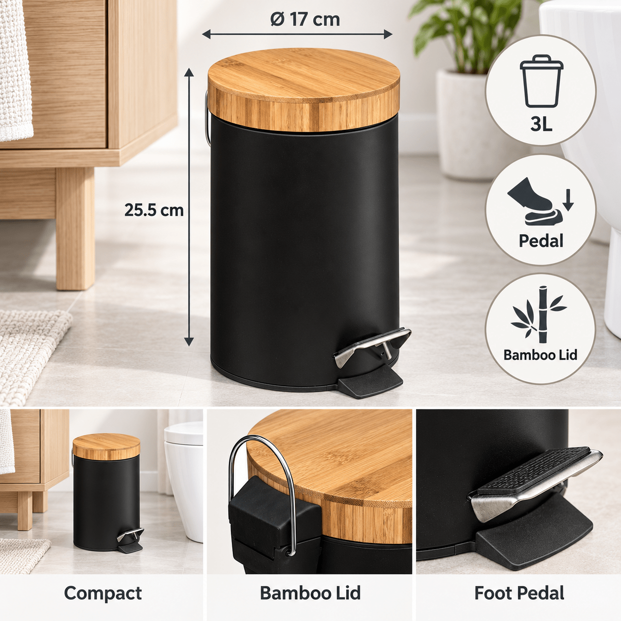 TEMU Poubelle de salle de bain en bambou noir de 3 litres