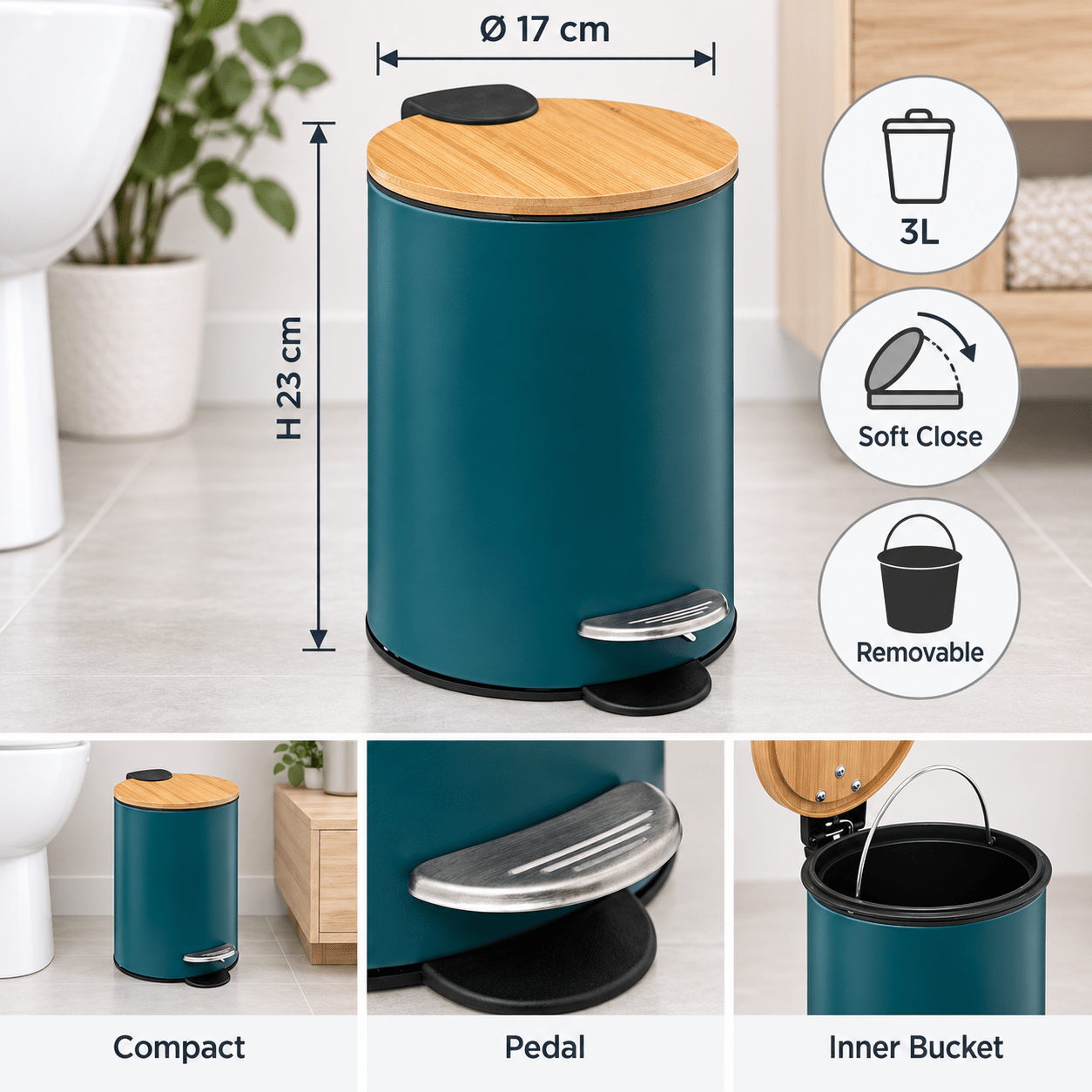 TEMU Poubelle à pédale 3 pétrole avec couvercle en bambou – Petite poubelle cylindrique en métal avec seau amovible – Salle de bain et WC
