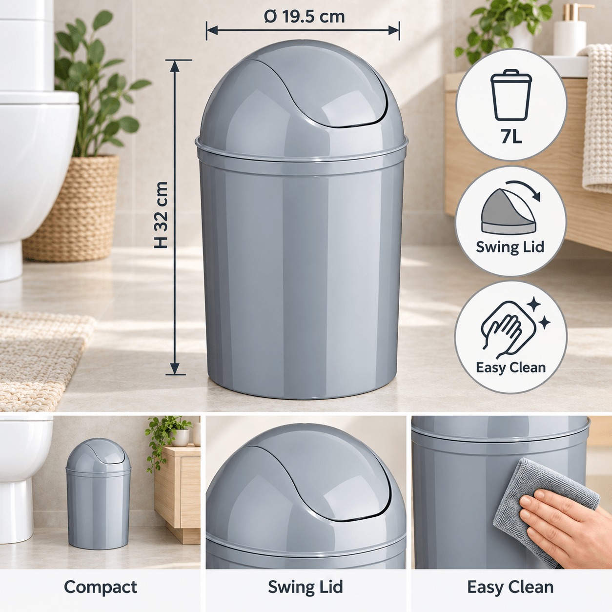 TEMU Poubelle compacte 7 L avec couvercle basculant – Petite poubelle grise pour salle de bain, bureau, toilettes et cuisine – Format de place