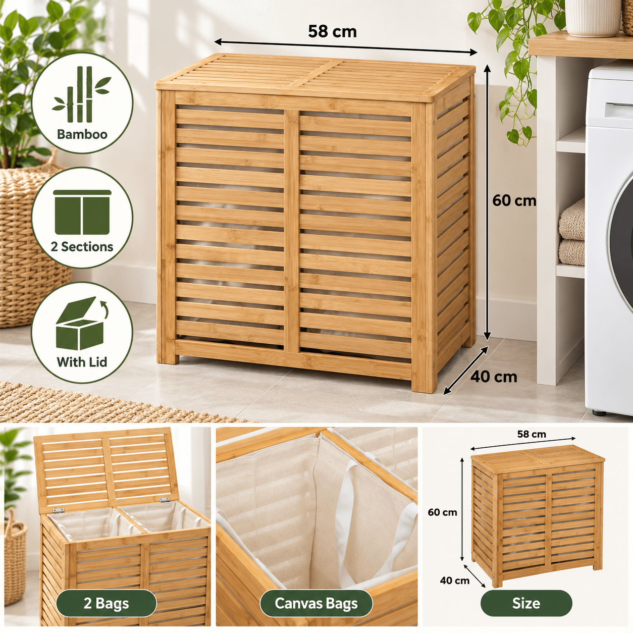 TEMU Double Bamboo Laundry Basket With Lid – Dirty Laundry Bag In 50l Canvas – Rectangular Basket For Bathroom, Laundry Room, And Bedroom – 60 X 40 X