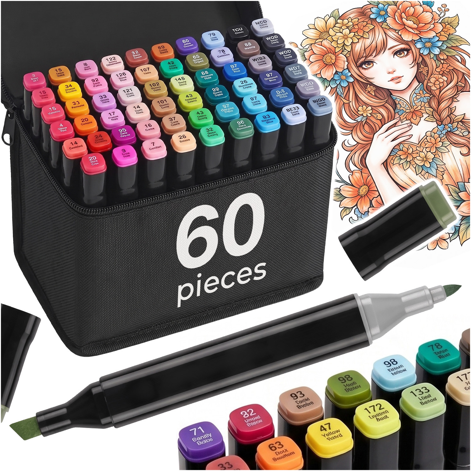 TEMU Alkoholmarker-Set mit 60 Stk. Flamastrs mit doppelter Spitze, Markern mit 2 1-2 mm / 3-6 mm, wasserfest nach dem Trocknen, schmutzabweisend,