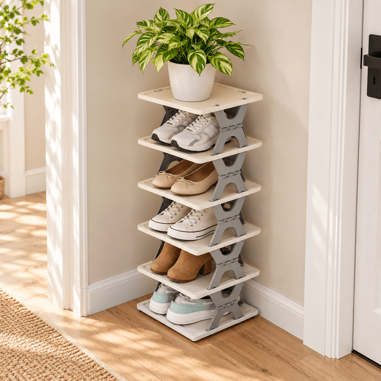 TEMU Étagère à chaussures pliable à 6 niveaux, montage, rangement vertical compact et de place pour entrée, chambre et dressing, blanc et