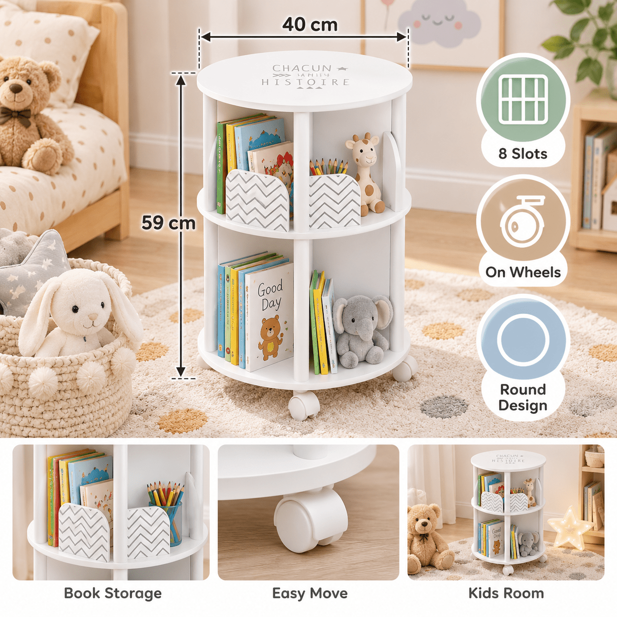 TEMU enfant ronde à roulettes avec 8 compartiments – Meuble de rangement blanc et en bois – Étagère mobile pour livres, jouets et chambre d’enfant