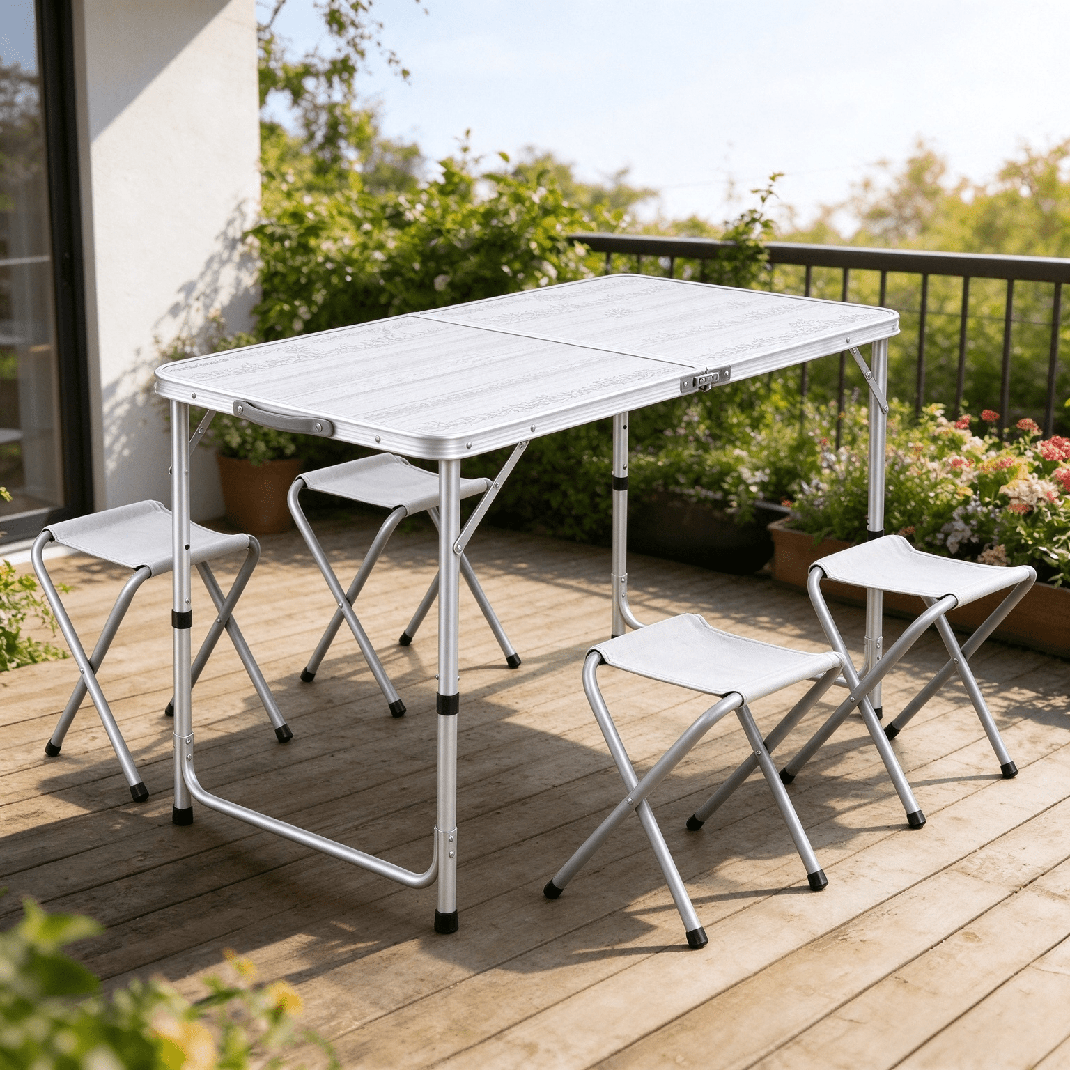 TEMU HOME Set de Camping Plegable de Aluminio con Mesa y 4 Sillas - Mesa: 120 x 60 cm - Altura Mesa ajustable: 54 / 62 / 70 cm - Ideal para