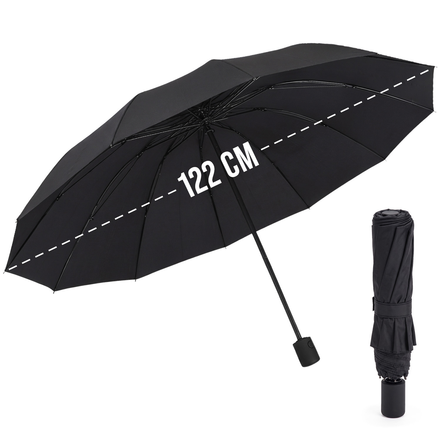 TEMU Automatic Folding Umbrella Black Xxl 122 Cm, Extra Large Umbrella With 12-rib Structure, Spacious Canopy For Rain Protection, Universal Umbrella